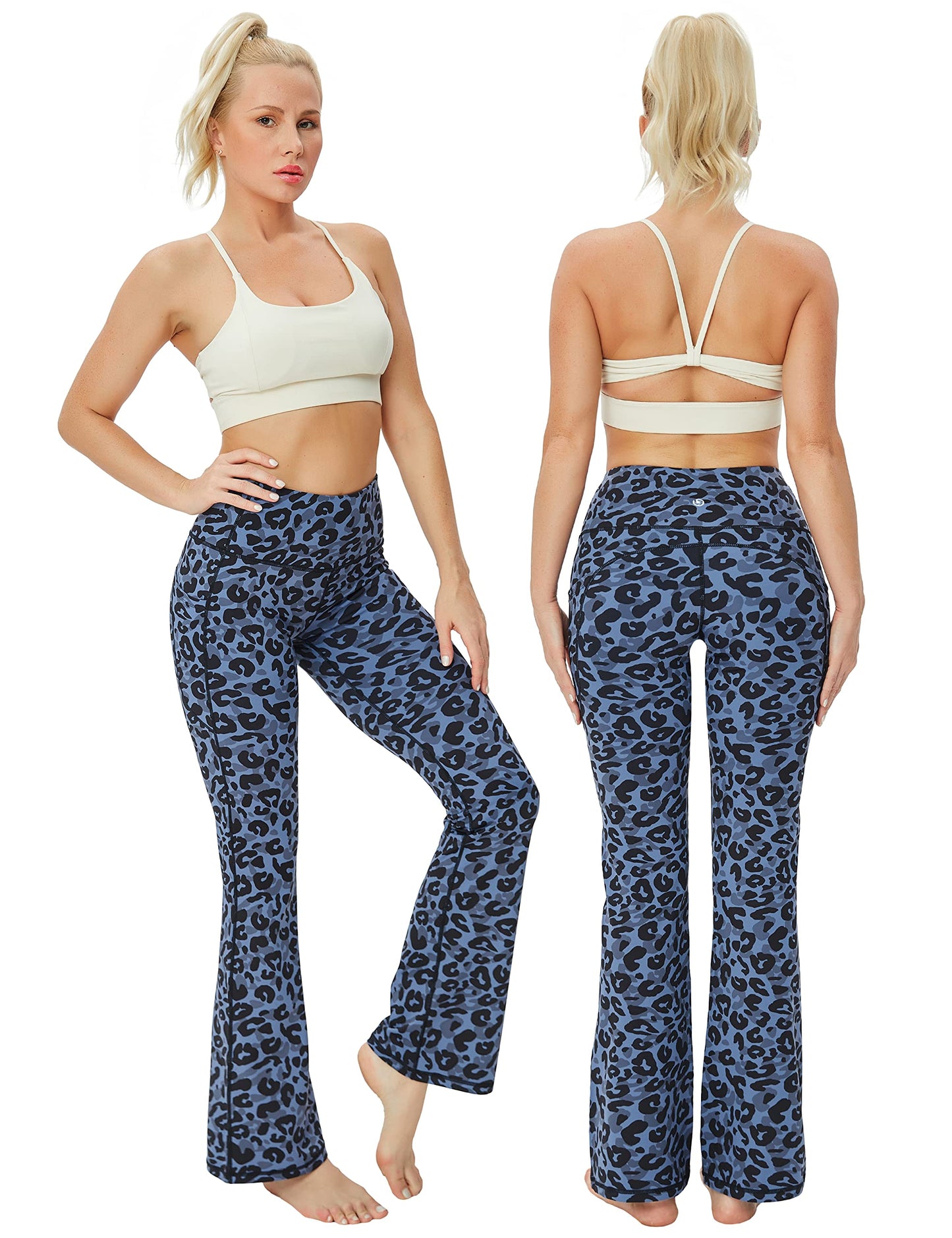 BUBBLELIME 29"/31"/33"/35" 4 Styles Women's Tummy Control Bootcut Yoga Pants - Side Pockets_Navy_Leopard L-37 Inseam