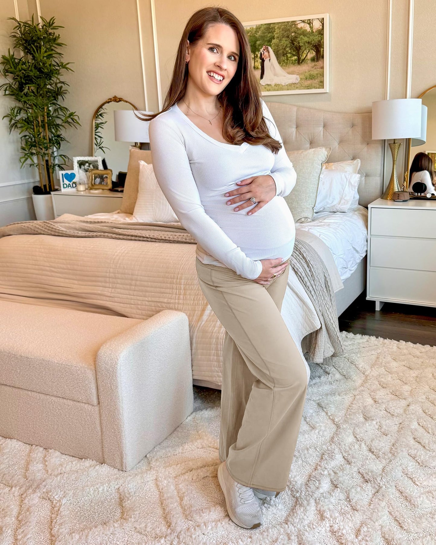 G4Free Maternity Yoga Pants Over The Belly Strechy Pregnancy Dress Pants Wide Leg Yoga Workout Casual Lounge Slacks (Light Khaki,XXL,32")