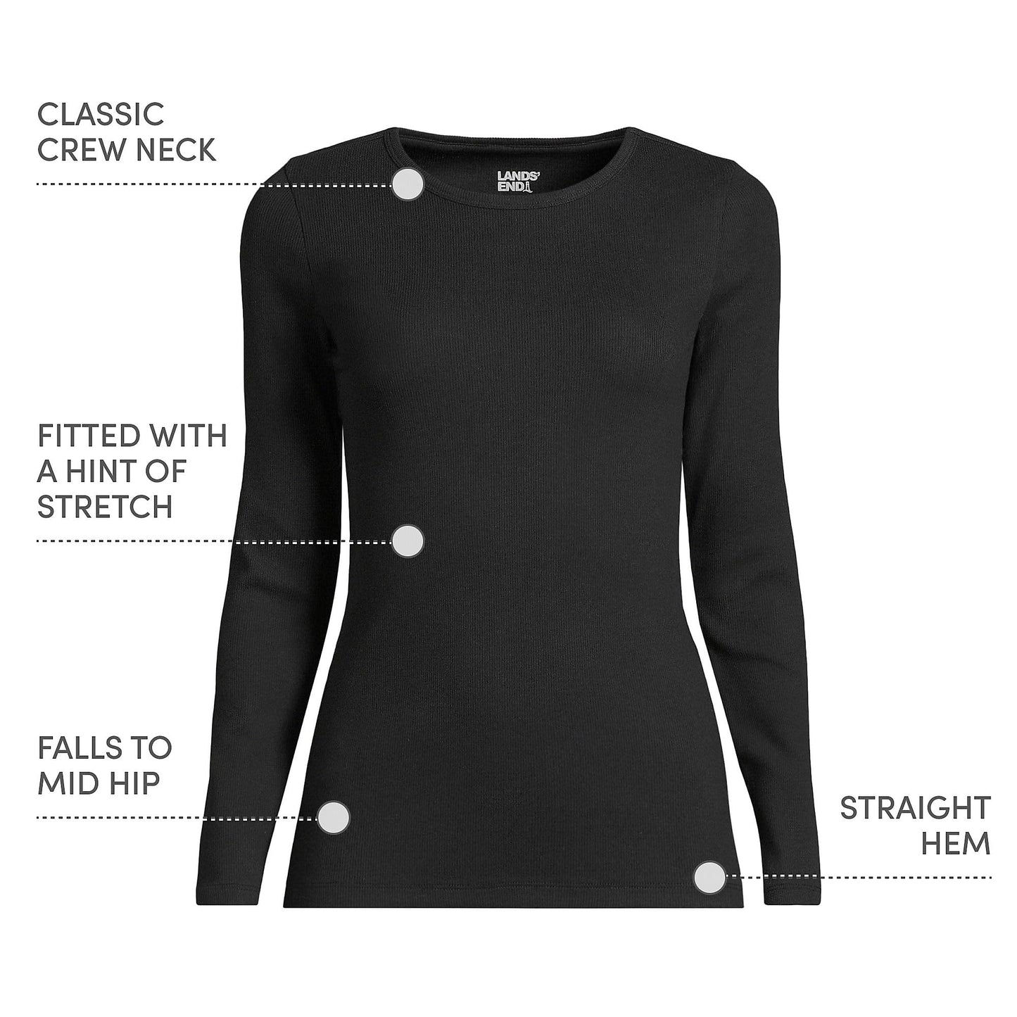 Lands' End Womens Long Sleeve Micro Rib Crew Black Tall Large