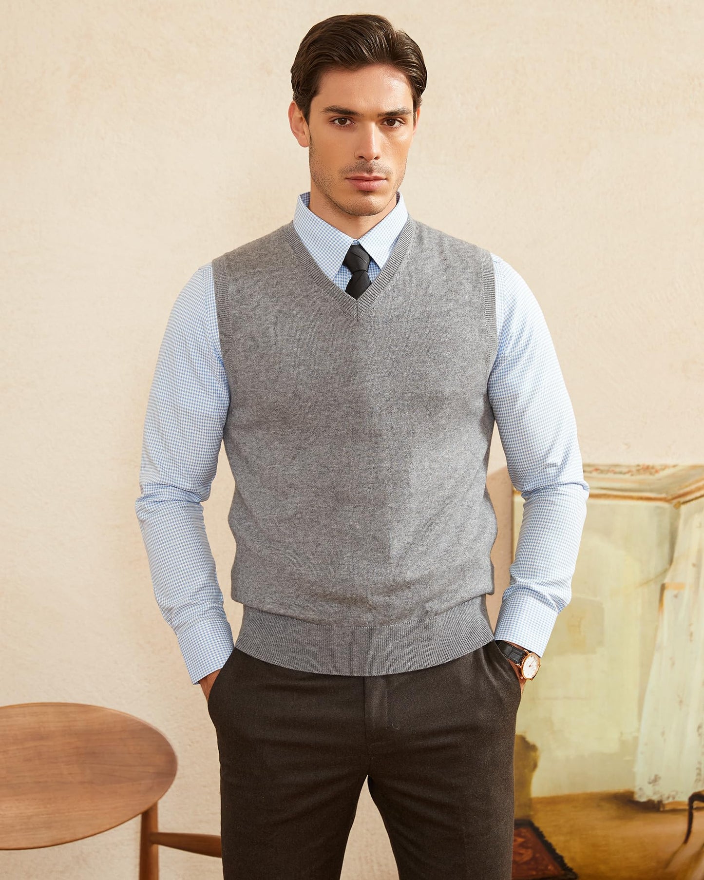 Kallspin Men's Big & Tall Wool Blended Vest Sweater Relaxed Fit V Neck Sleeveless Knitted Pullover (Light Grey L-Tall)