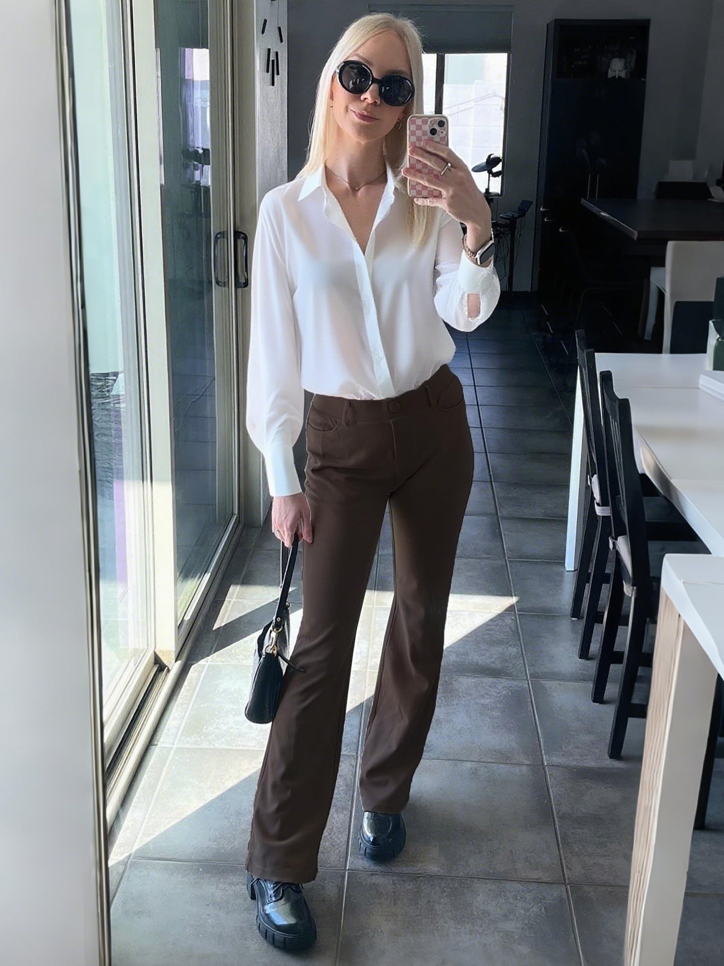 Tallemon Tall Womens Extra Long 38" Inseam Flared Dress Pants with Pockets Stretchy Work Utility Formal Slack, Brown, M