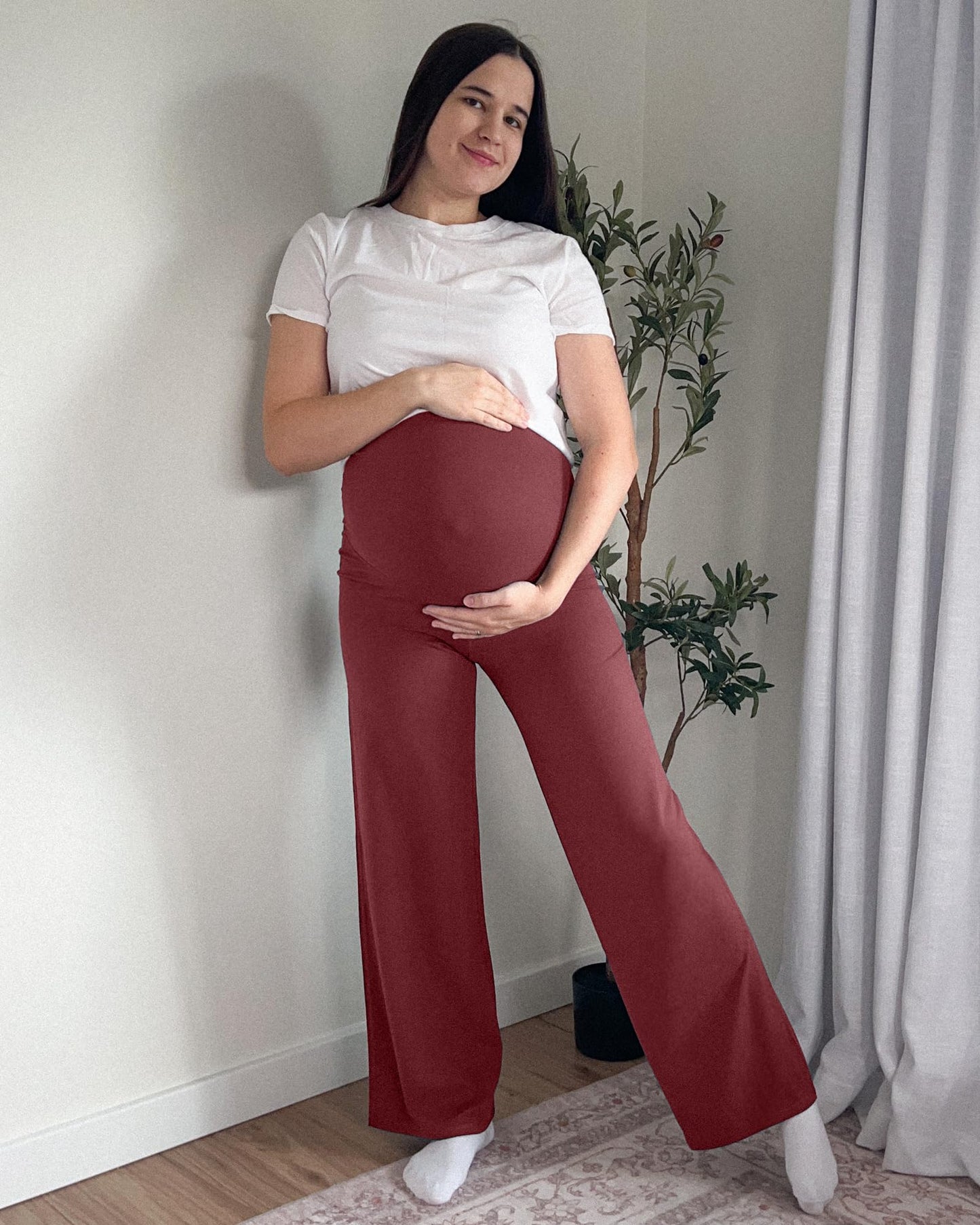 G4Fre Pregnancy Pants for Women Wide Leg Yoga Maternity Scrub Pants Over The Belly Stretchy Slacks for Casual Athletic Workout (Dark Burgundy,XXL,32")