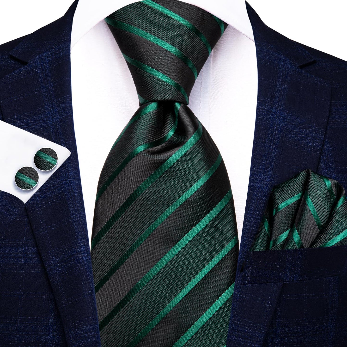 Hi-Tie Black Tie Emerald Green Tie Silk Extra Long 70'' Men's Ties Set Striped Dress Necktie and Pocket Square Cufflinks