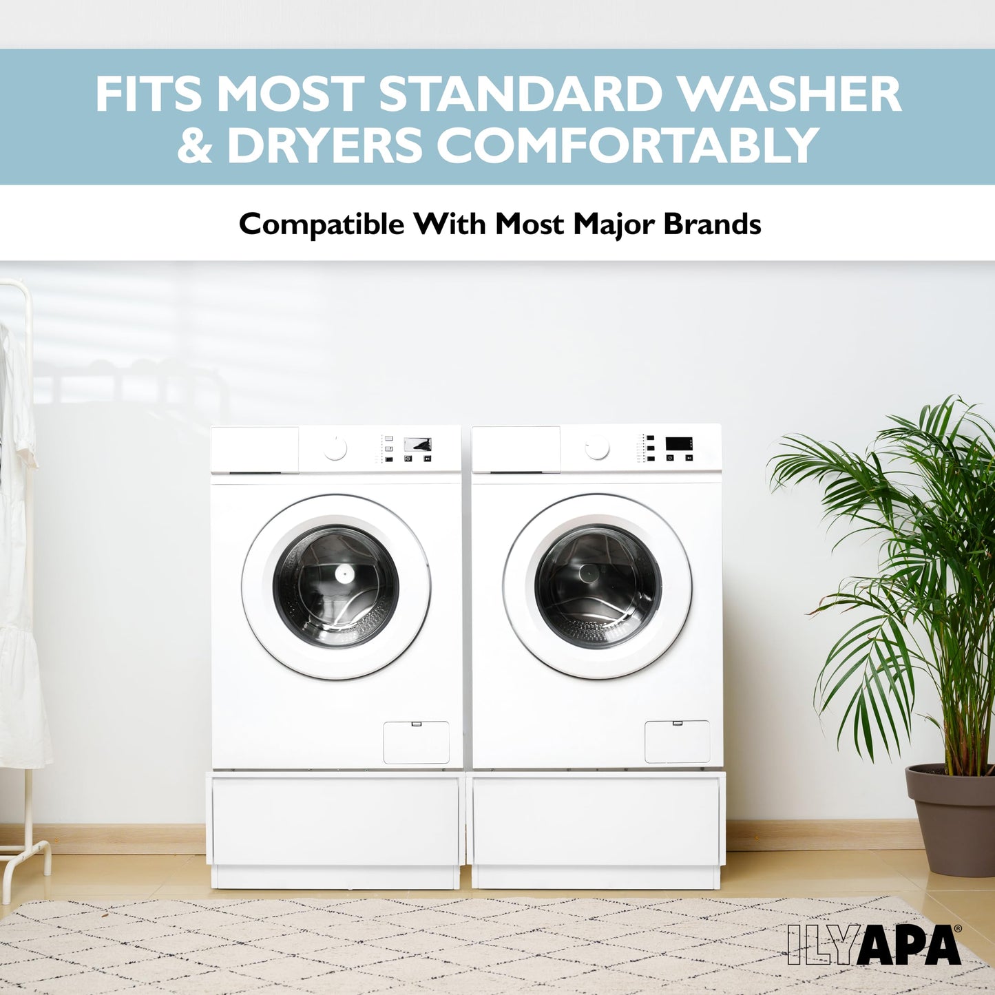 Ilyapa Washer and Dryer Stand - Universal Wooden Laundry Pedestal with Drawer - Compatible with Samsung, LG, GE, Maytag - 28x28x16 in. Patent Pending