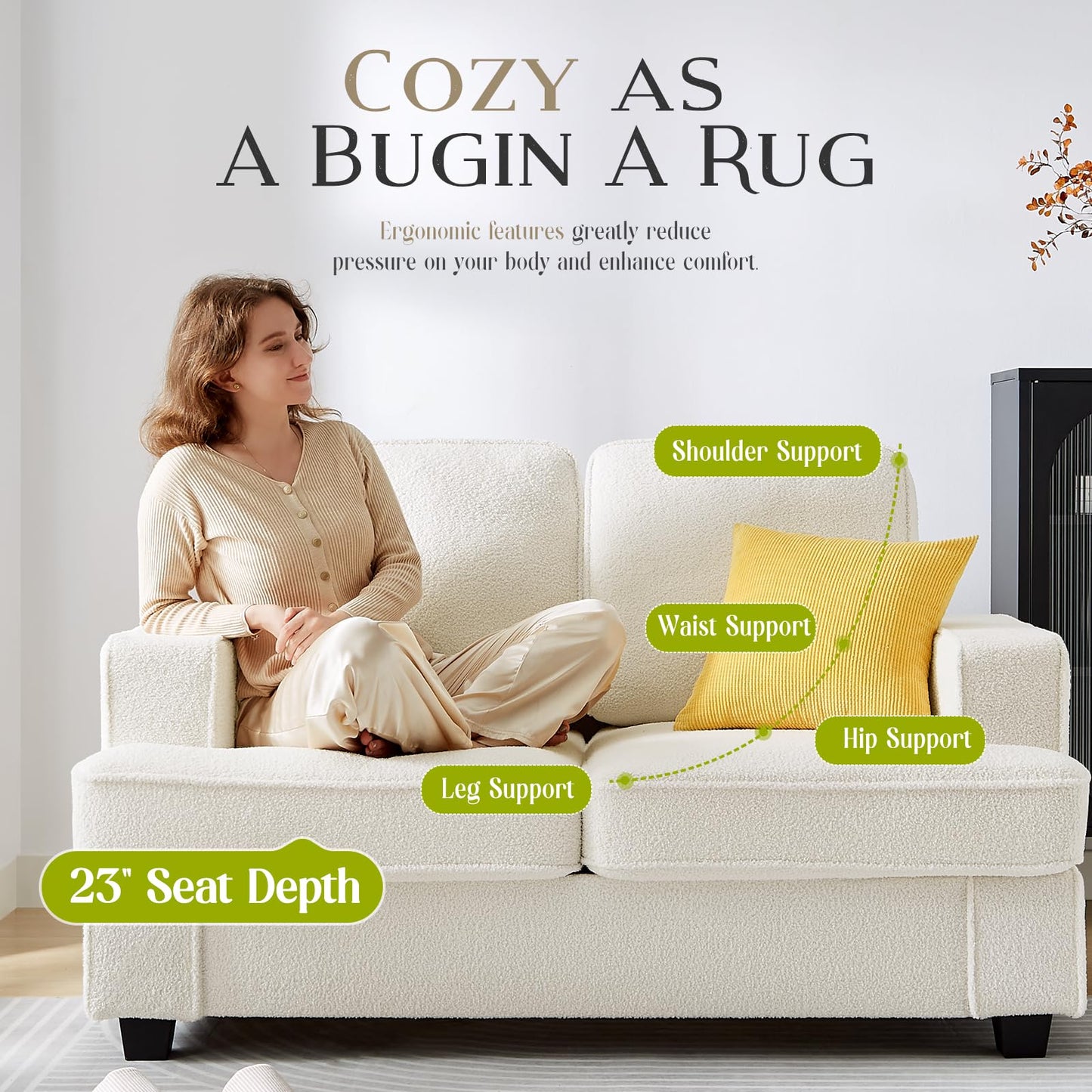 Couches for Living Room, 61” Cloud Couch in Soft Teddy Fleece, Removable Cover, Easy Assembly, Modern Sofa for Living Room/Bedroom/Office/Apartment, Beige