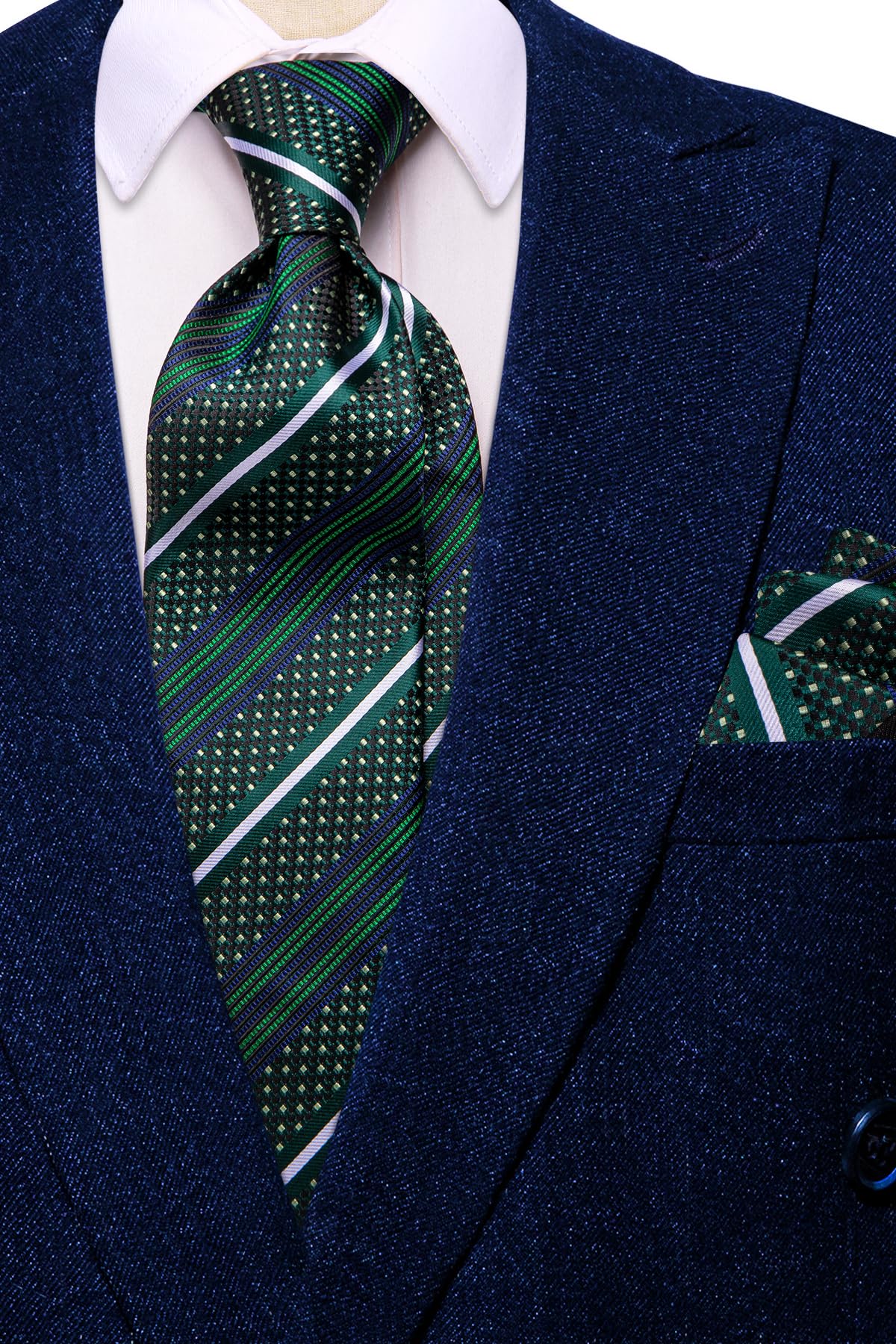 Hi-Tie Green Blue Extra Long Ties for Men Silk 70'' Mens Long Ties Set and Pocket Square Cufflinks Striped Neckties