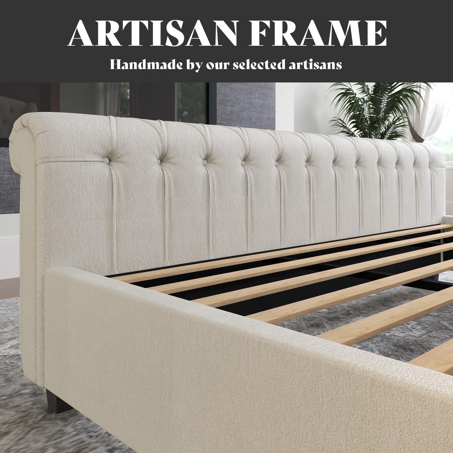 AMERLIFE California King Size Platform Bed Frame, Velvet Upholstered Sleigh Bed with Scroll Wingback Headboard & Footboard/Button Tufted/No Box Spring Required/Cream