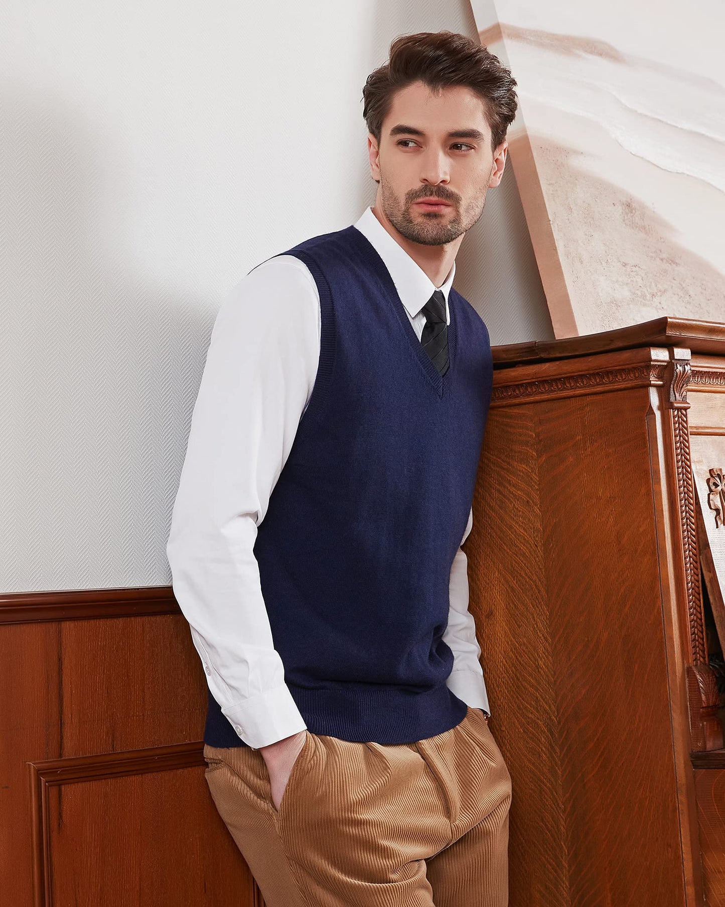 Kallspin Men's Big & Tall Wool Blended Vest Sweater Relaxed Fit V Neck Sleeveless Knitted Pullover (Navy Blue L-Tall)