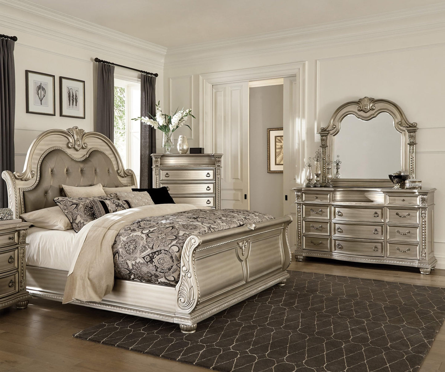 Classic Traditional Bedroom 4pc Set California King Size Upholstered Bed Silver Finish Marble Top Formal Wooden Furniture