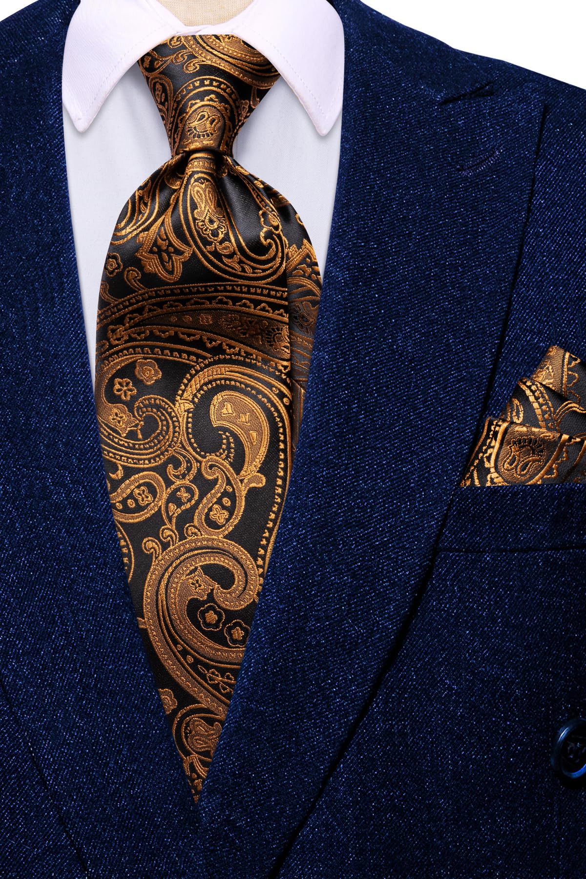 Hi-Tie Black Gold Extra Long Ties for Men 70''Silk Paisly Men's Ties Set Necktie and Pocket Square Cufflinks for Wedding