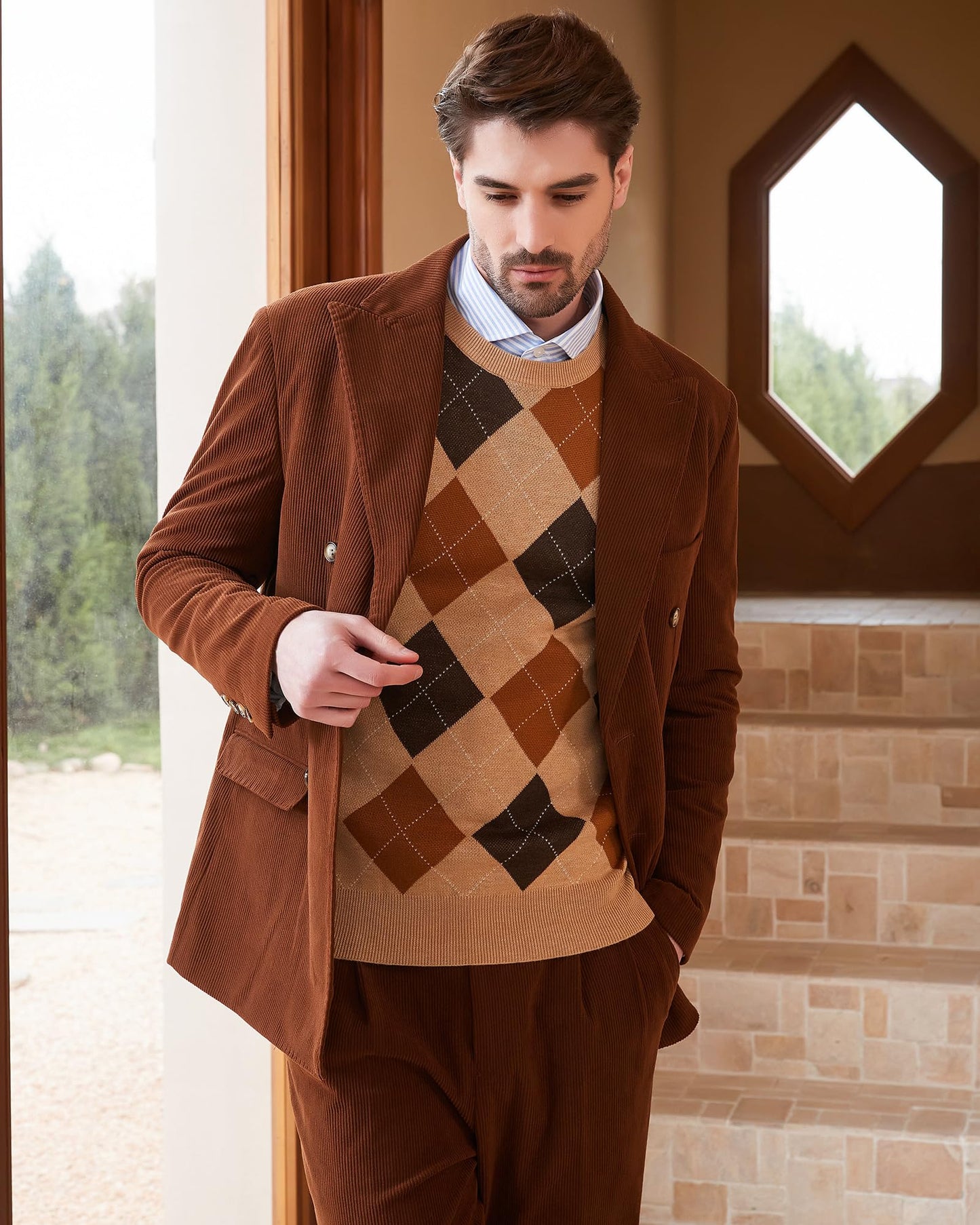 Kallspin Men's Wool Blend Crewneck Sweater Argyle Long Sleeve Pullover Sweater for Casual Or Dressy Wear(Khaki,L-Tall)