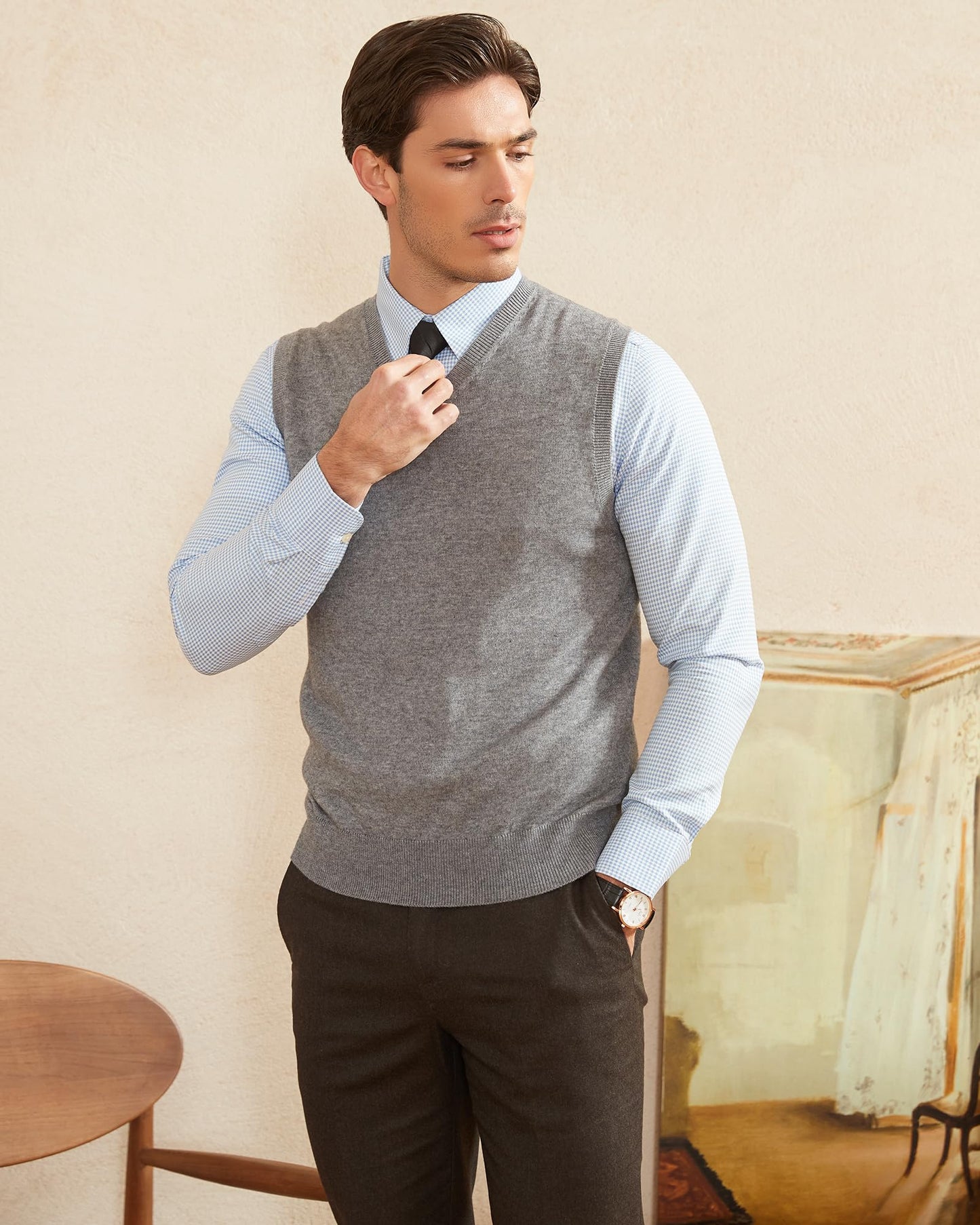 Kallspin Men's Big & Tall Wool Blended Vest Sweater Relaxed Fit V Neck Sleeveless Knitted Pullover (Light Grey L-Tall)