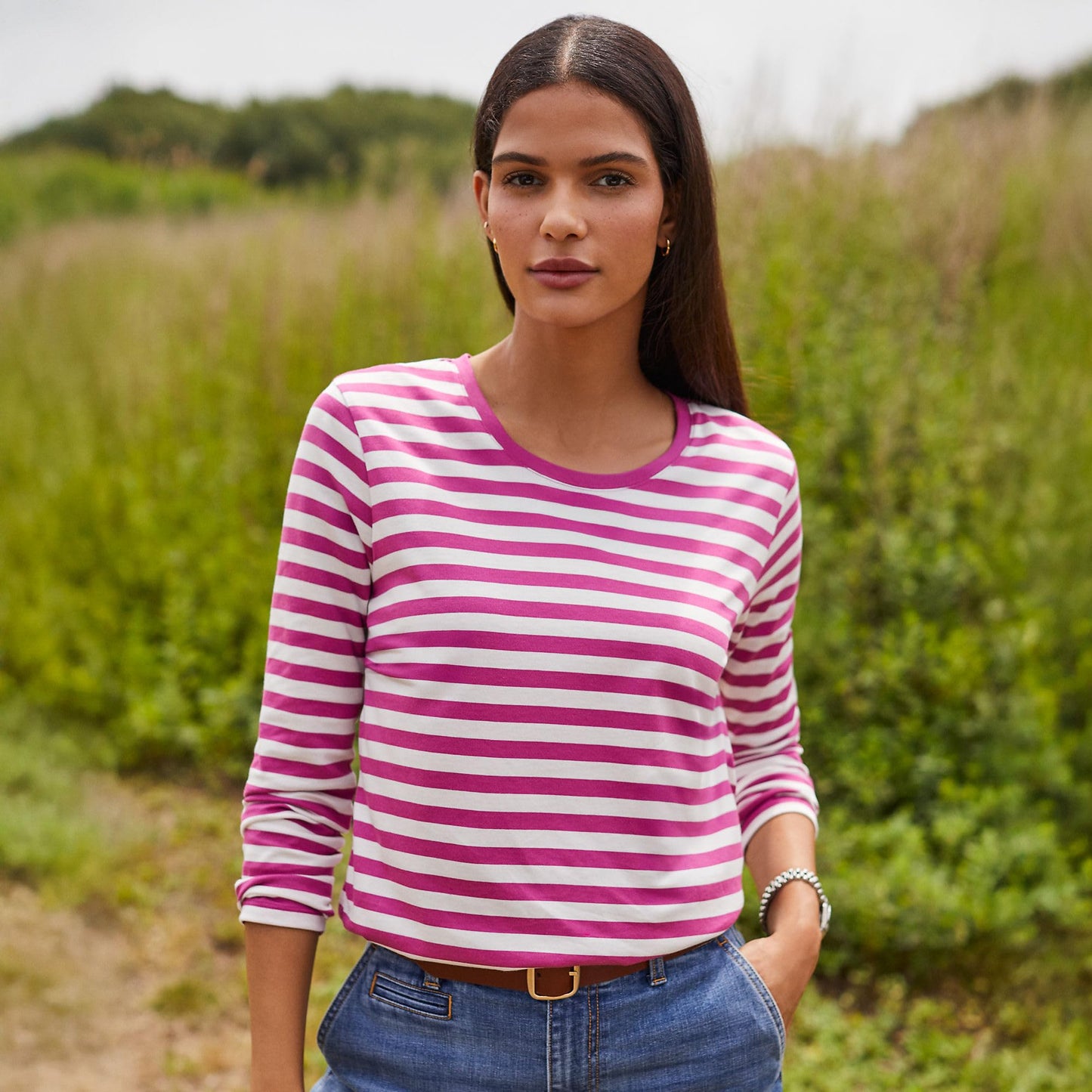 Lands' End Womens Long Sleeve Relaxed Supima Cotton Crew Neck T Shirt Light Raspberry Even Stripe Tall X-Large