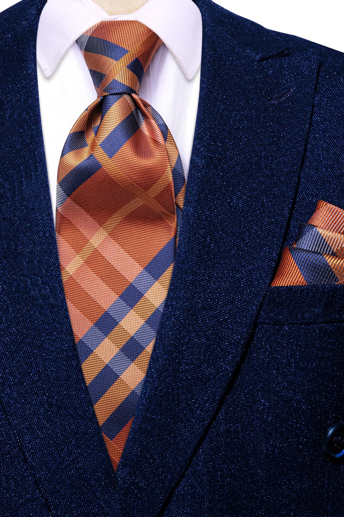 Hi-Tie 70''Navy Brown Tie Silk Extra Long Ties for Men XL Men's Ties Set Necktie and Pocket Square Cufflinks for Wedding