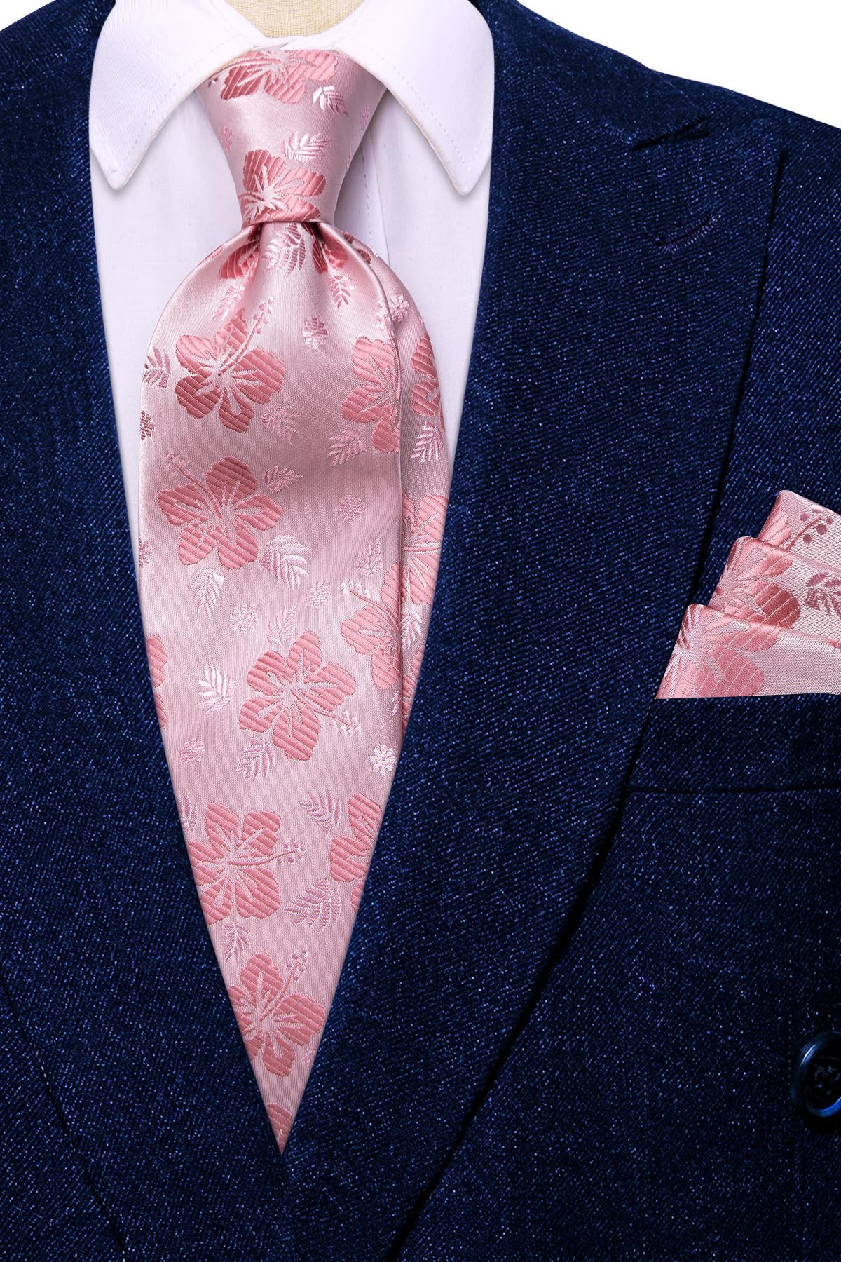 Hi-Tie 70'' Extra Long Ties for Men Silk Pink Mens Long Ties Set Floral Necktie and Pocket Square Cufflink for Wedding