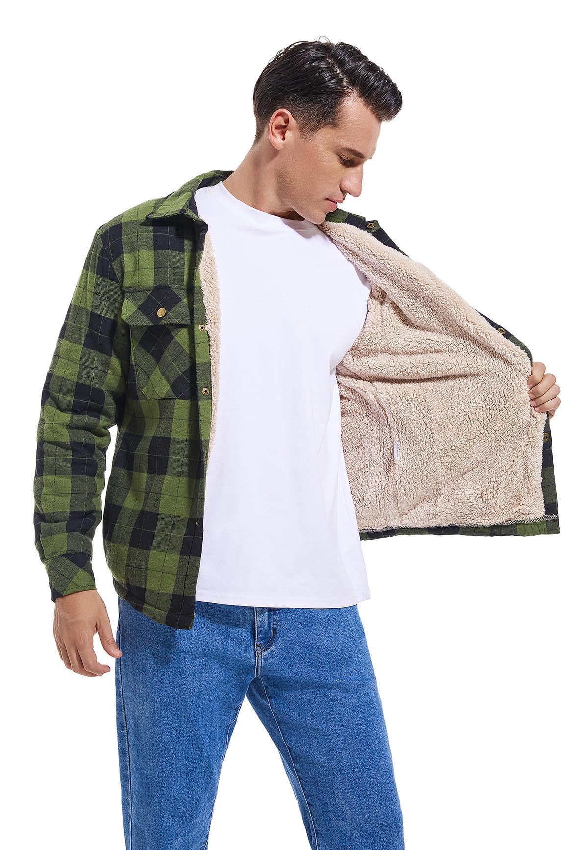Puwasa Men's Cotton Flannel Shirt Jacket, Long Sleeve Fleece Casual Button Down Plaid Jacket, Brushed Soft Outdoor Coat with Pocket Army Green X-Large Tall