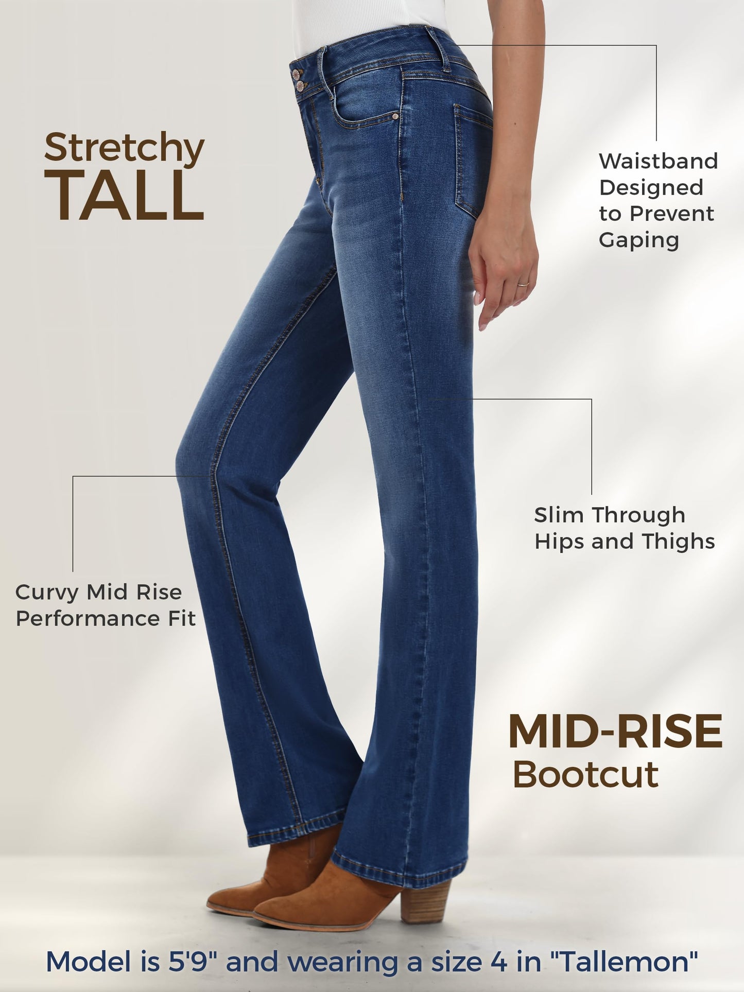 Tallemon Tall Women's Bootcut Jeans Curvy Mid-Rise Stretchy Denim Pants Classic Bell Bottom Trouser,38",Dark Blue,12