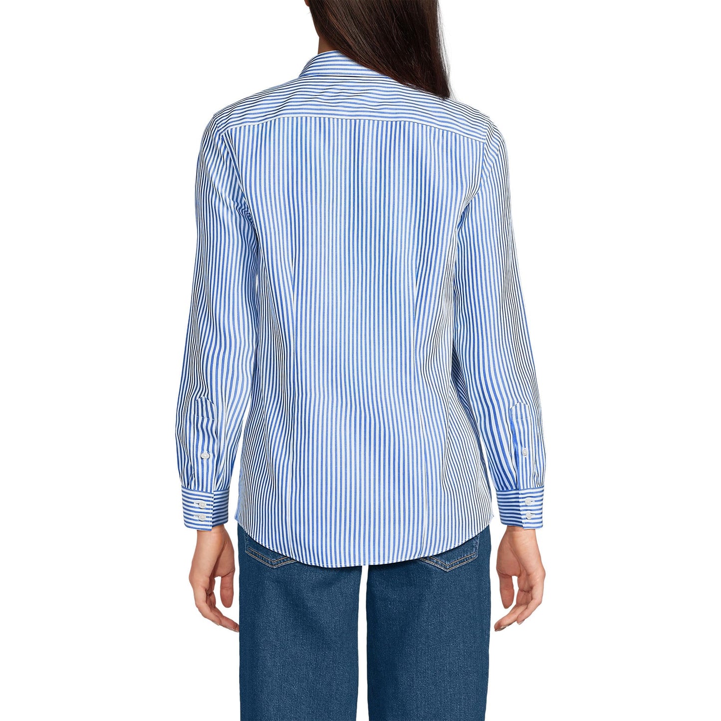 Lands' End Womens LS No Iron Button Front Shirt Vibrant Lapis/ice Blue Stripe Tall 10