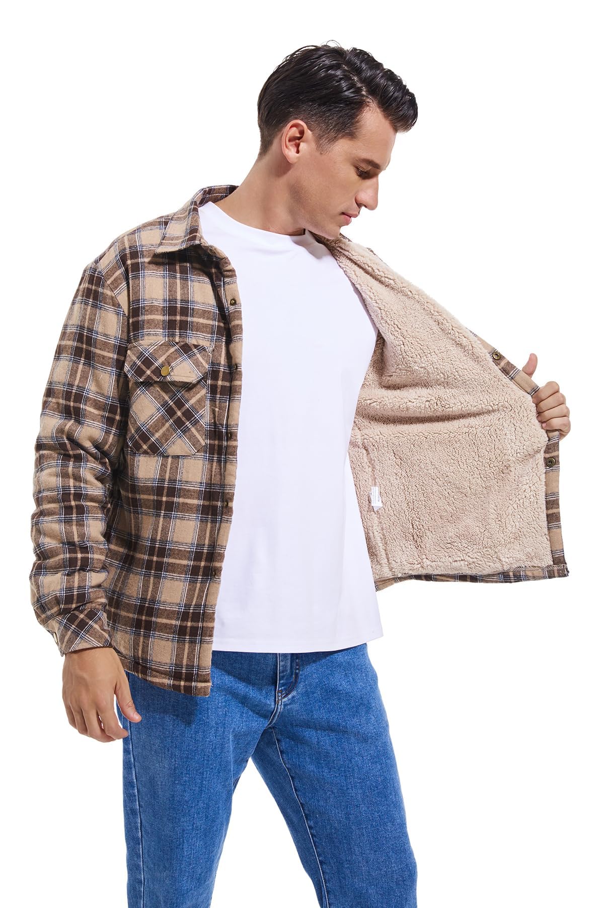 Puwasa Men's Fleece Lined Plaid Flannel Shirt Jacket Long Sleeve Soft Button Down Coat for Men Khaki X-Large Tall