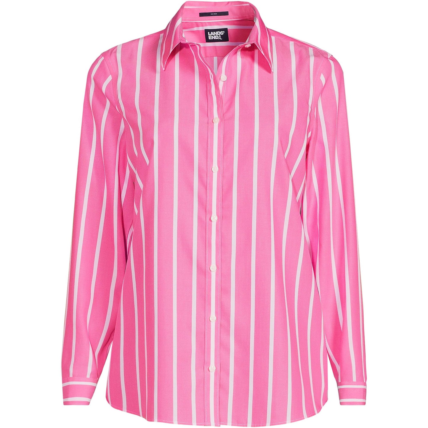 Lands' End Womens LS No Iron Button Front Shirt Apple Blossom Classic Stripe Petite 14