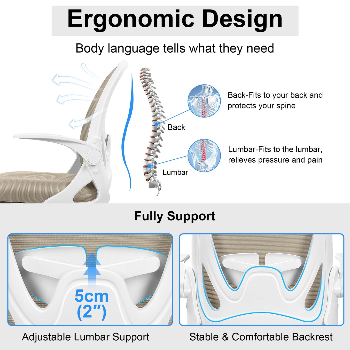 Primy Drafting Chair Tall Office Chair with Flip-up Armrests Executive Ergonomic Computer Standing Desk Chair with Lumbar Support and Adjustable Footrest Ring（Khaki）