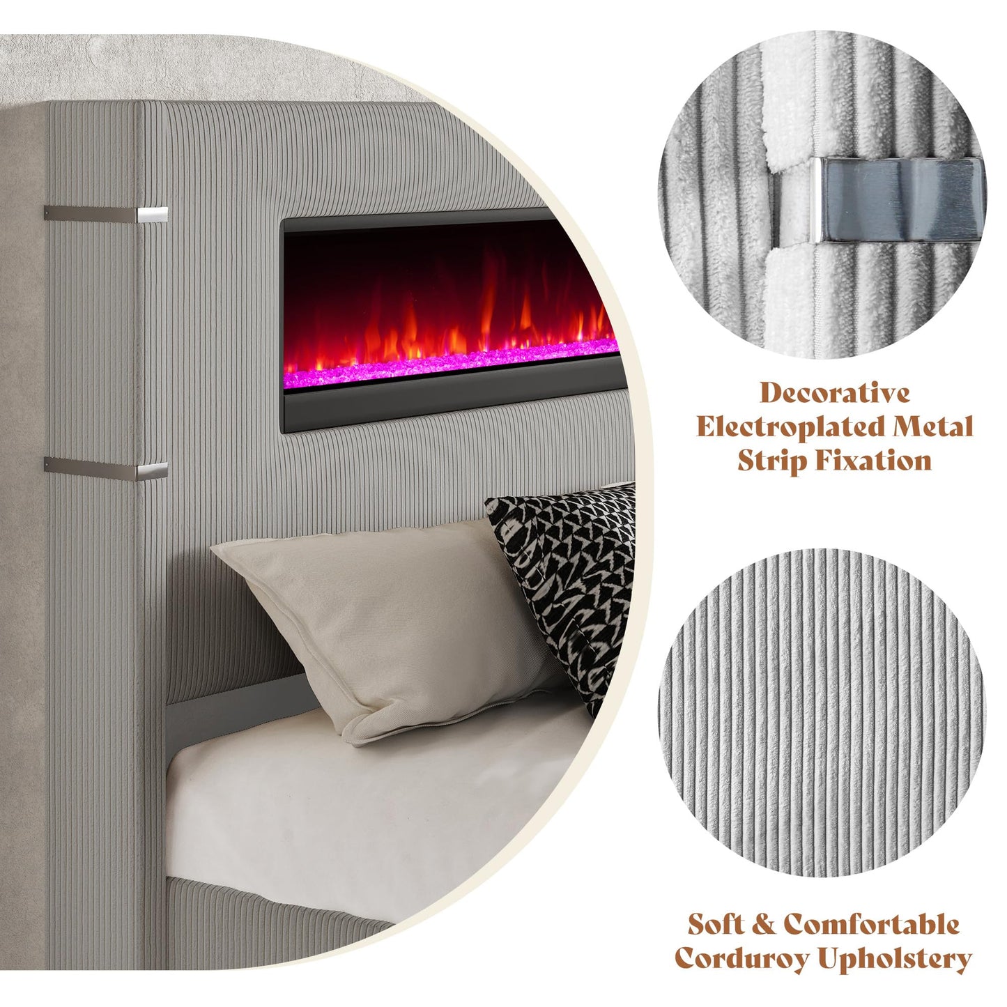 AMERLIFE Modern California King Size Bed Frame with Fireplace, Wingback Platform Bed Frame with 60.4“ Extra Tall Headboard, Corduroy Upholstered Bed Frame Wooden Slats/No Box Spring Needed, Greige