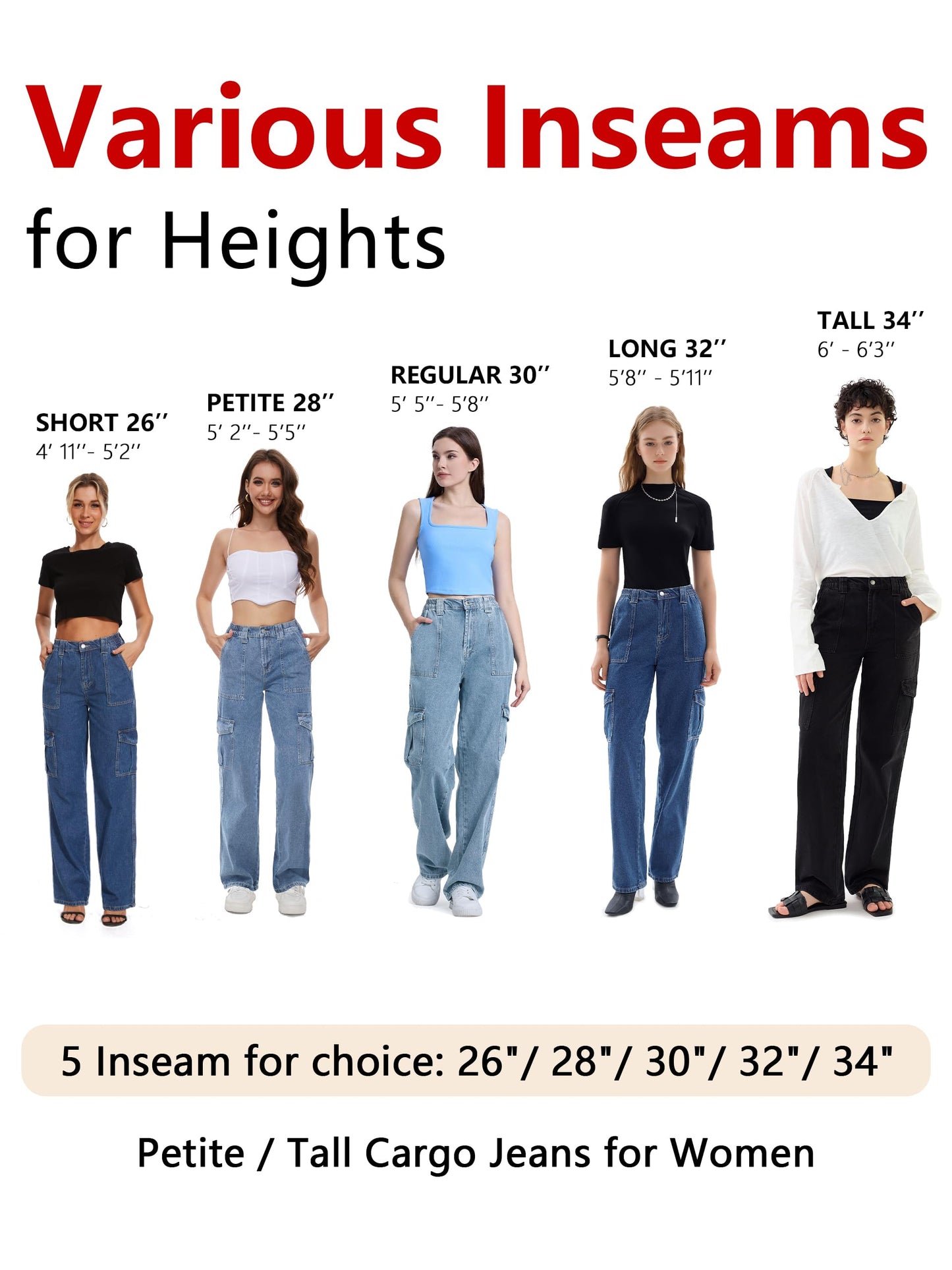 Tapata Women's 26"/28"/30"/32"/34" Cargo Jeans Straight Leg Short Petite Regular Tall Denim Y2K Pants Light Blue, S