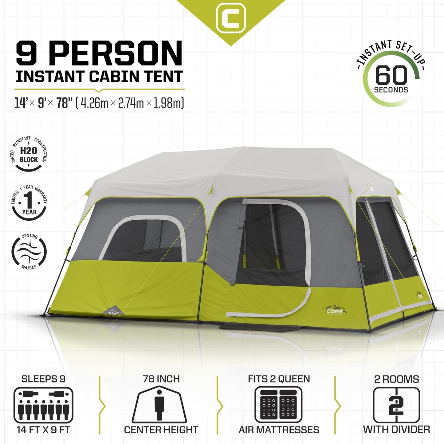 CORE 9 Person Instant Cabin Tent | Large Multi Room Family Pop Up Tent for 2 Minute Camp Setup | Included Storage Pockets for Camping Accessories