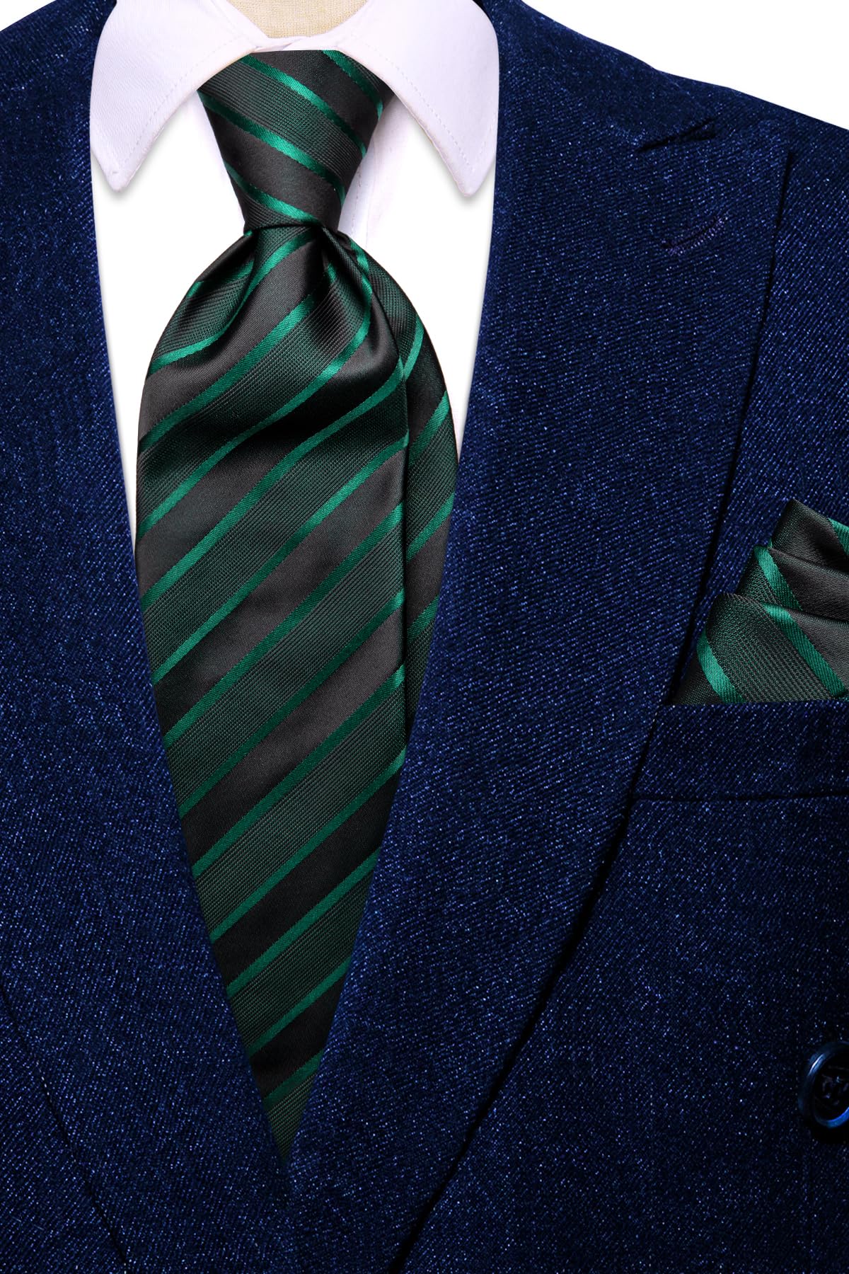 Hi-Tie Black Tie Emerald Green Tie Silk Extra Long 70'' Men's Ties Set Striped Dress Necktie and Pocket Square Cufflinks