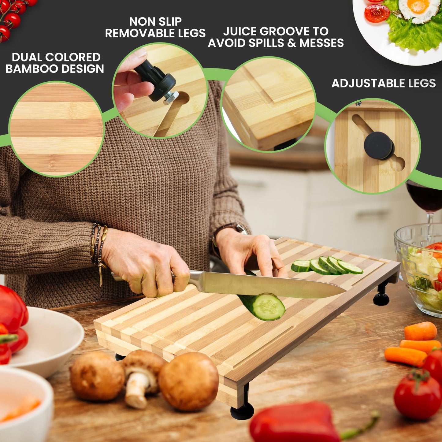 Bamboo Cutting Board with Adjustable Legs - Butcher Block with Juice Grooves