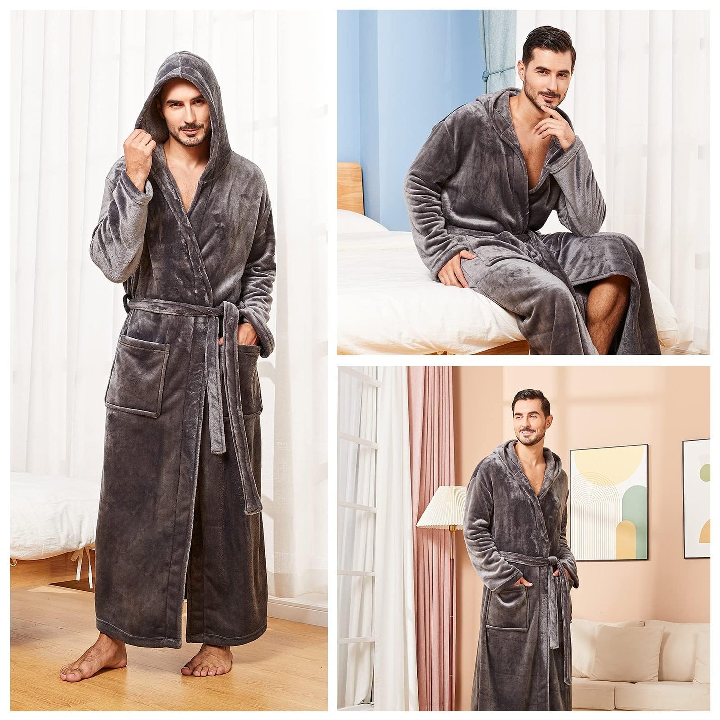 FashGudim Mens Robes Big and Tall with Hood Flannel Fleece Men Bathrobe with Hood Full Length Plush Long Robe Warm House Robe (Grey, 5XL)