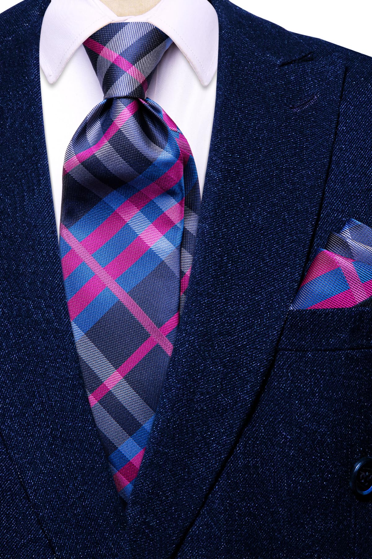 Hi-Tie Navy Blue Rose Ties for Men 70'' Silk Men's Ties Set Plaid Checks Necktie and Pocket Square Cufflinks for Wedding