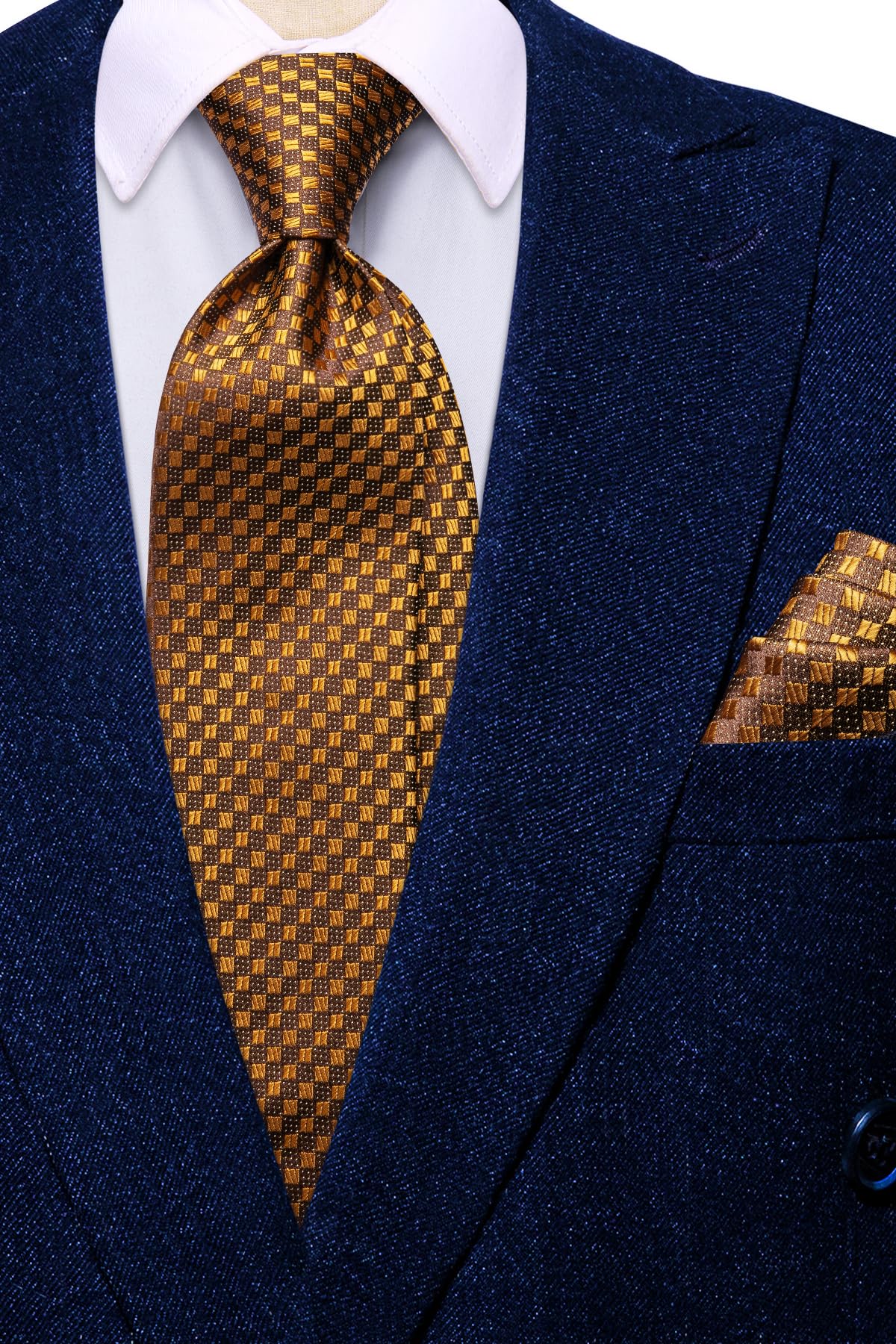 Hi-Tie Deep Gold Extra Long Men's Ties Set 70'' Silk Ties for Men Dress Necktie and Pocket Square Cufflinks for Wedding
