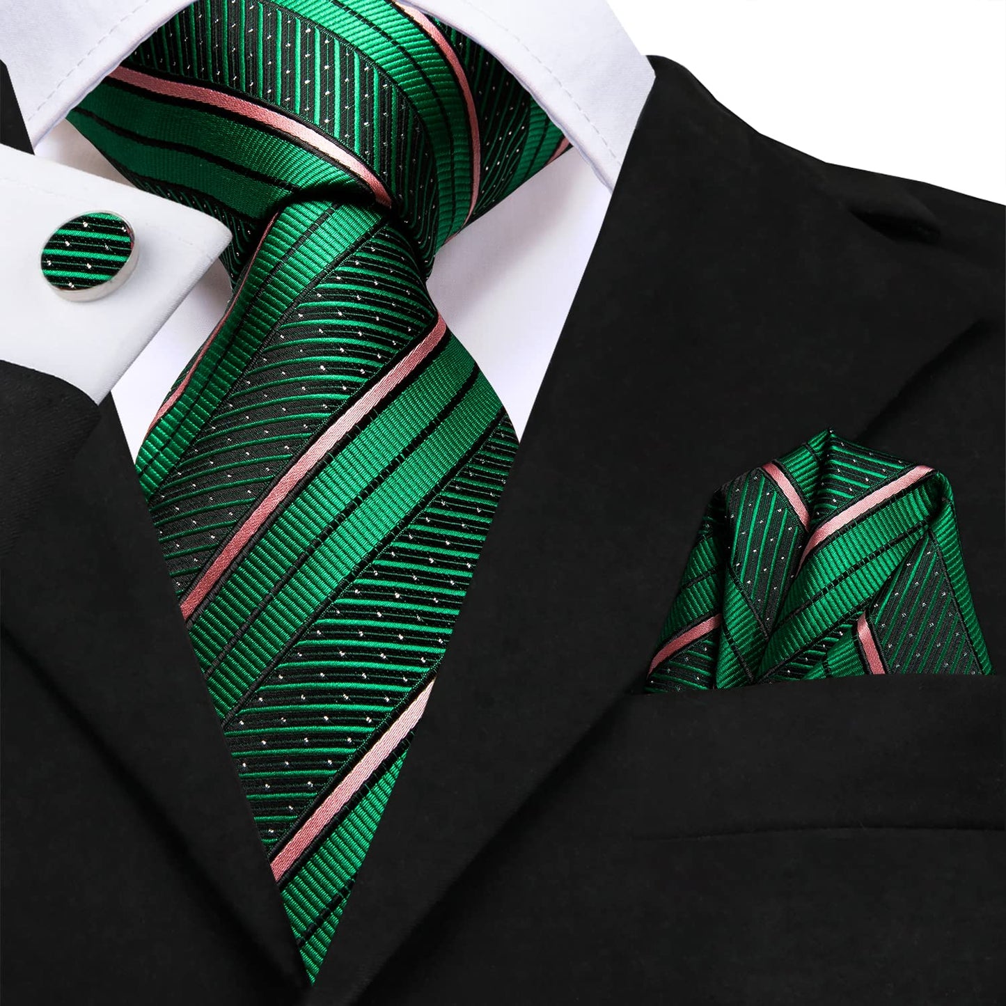 Hi-Tie Green and Pink Ties for Men 70'' Men's Extra Long Ties Set Silk Necktie and Pocket Square Cufflinks for Wedding