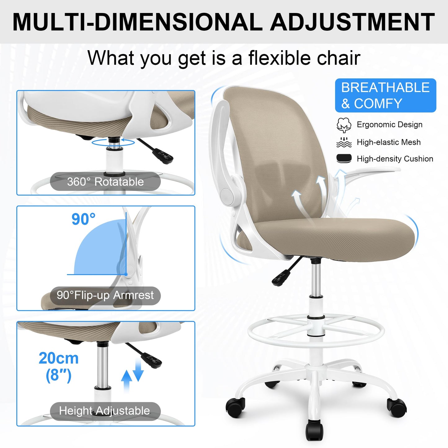 Primy Drafting Chair Tall Office Chair with Flip-up Armrests Executive Ergonomic Computer Standing Desk Chair with Lumbar Support and Adjustable Footrest Ring（Khaki）