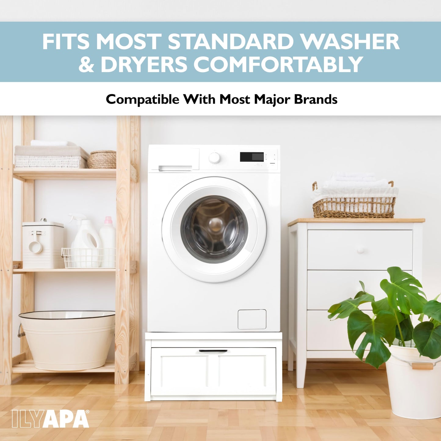 Ilyapa Washer and Dryer Stand - Universal Wooden Laundry Pedestal Base with Drawer - Compatible with Samsung, LG, GE, Maytag - 28x28x16 in.