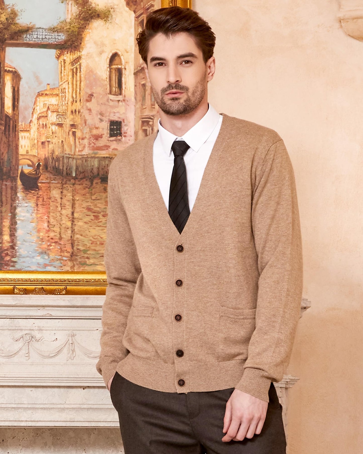 Kallspin Men's Tall Cardigan Sweaters Wool Blend V Neck Button Down Sweaters with Pockets(Coffee, L-Tall)