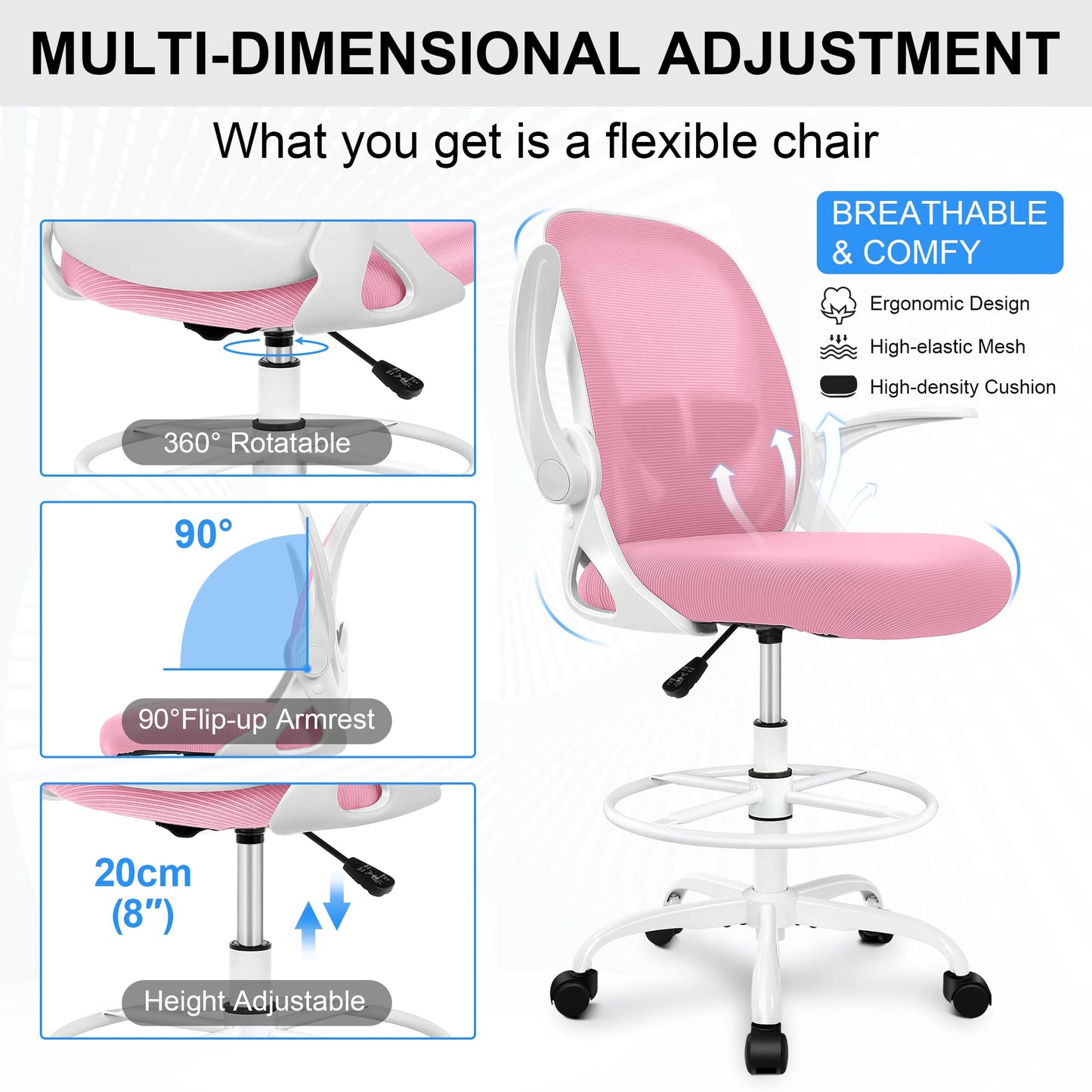 Primy Drafting Chair Tall Office Chair with Flip-up Armrests Executive Ergonomic Computer Standing Desk Chair with Lumbar Support and Adjustable Footrest Ring (Pink)