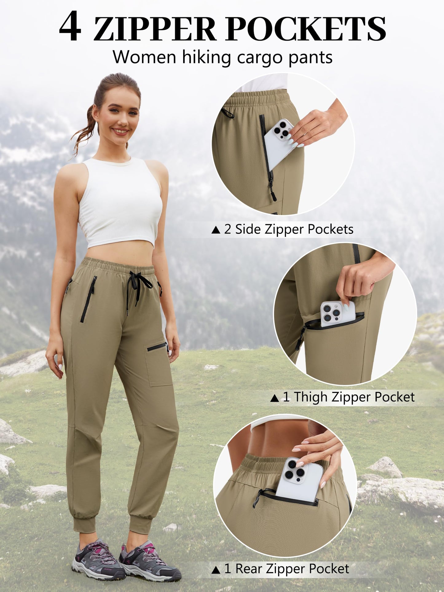 Tallemon Womens Tall Hiking Pants 30/32/34 Inseam Lightweight Joggers Quick Dry 4 Pockets Travel Athletic Cargo UPF50+ 34" Khaki Medium
