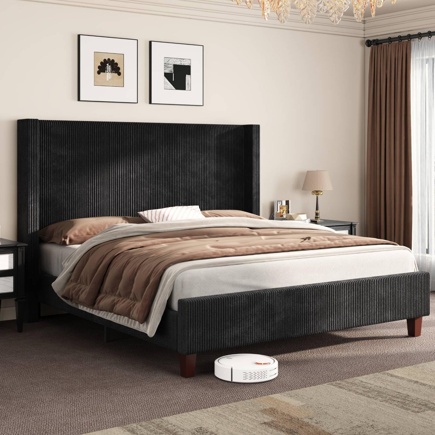 AMERLIFE California King Size Upholstered Bed Frame with 50.8" Tall Headboard, Wingback Platform Bed with Solid Wood Legs, Wooden Slats, Corduroy/No Box Spring Needed/Noise Free/Black