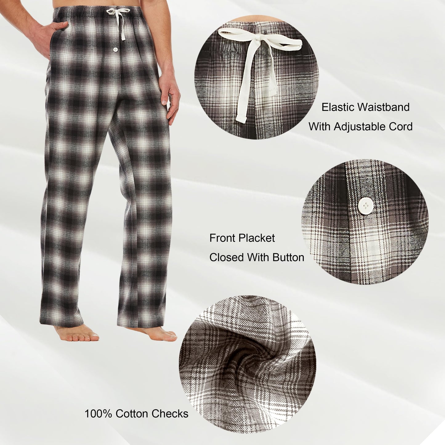 Tall MobPlace Mens 34/36 Inseam 100% Cotton Pajama Pants for Tall Men Black/Grey