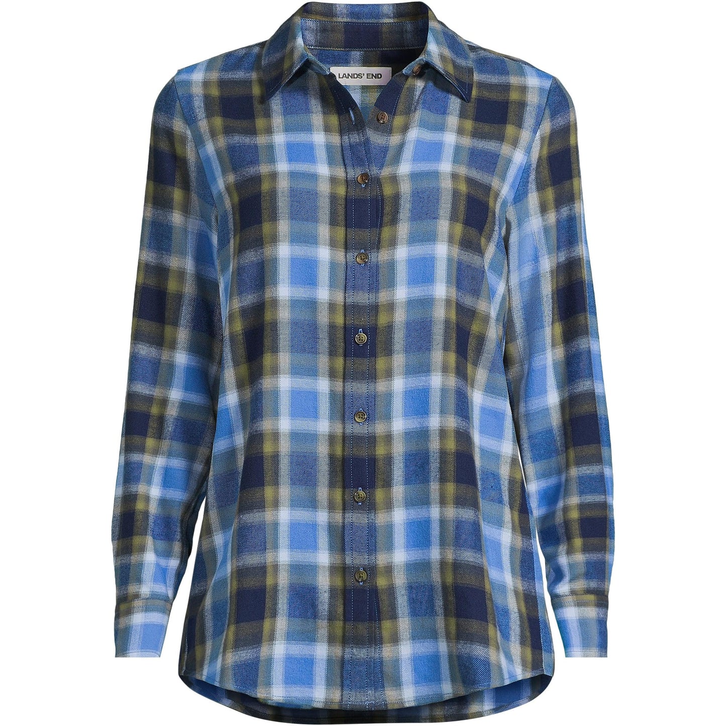 Lands' End Womens Flannel Boyfriend Long Sleeve Shirt Blue Vintage Plaid Tall Large
