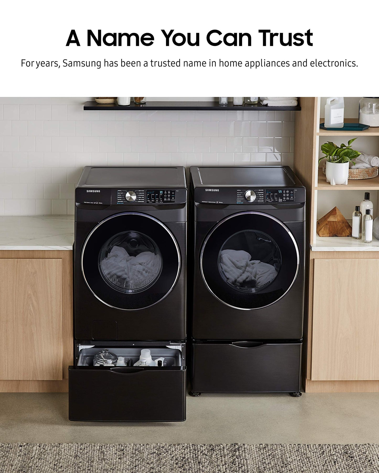 SAMSUNG 27-Inch Washer Dryer Pedestal Stand w/ Pull Out Laundry Storage Drawer, Stainless Steel, WE402NV/A3, Brushed Black