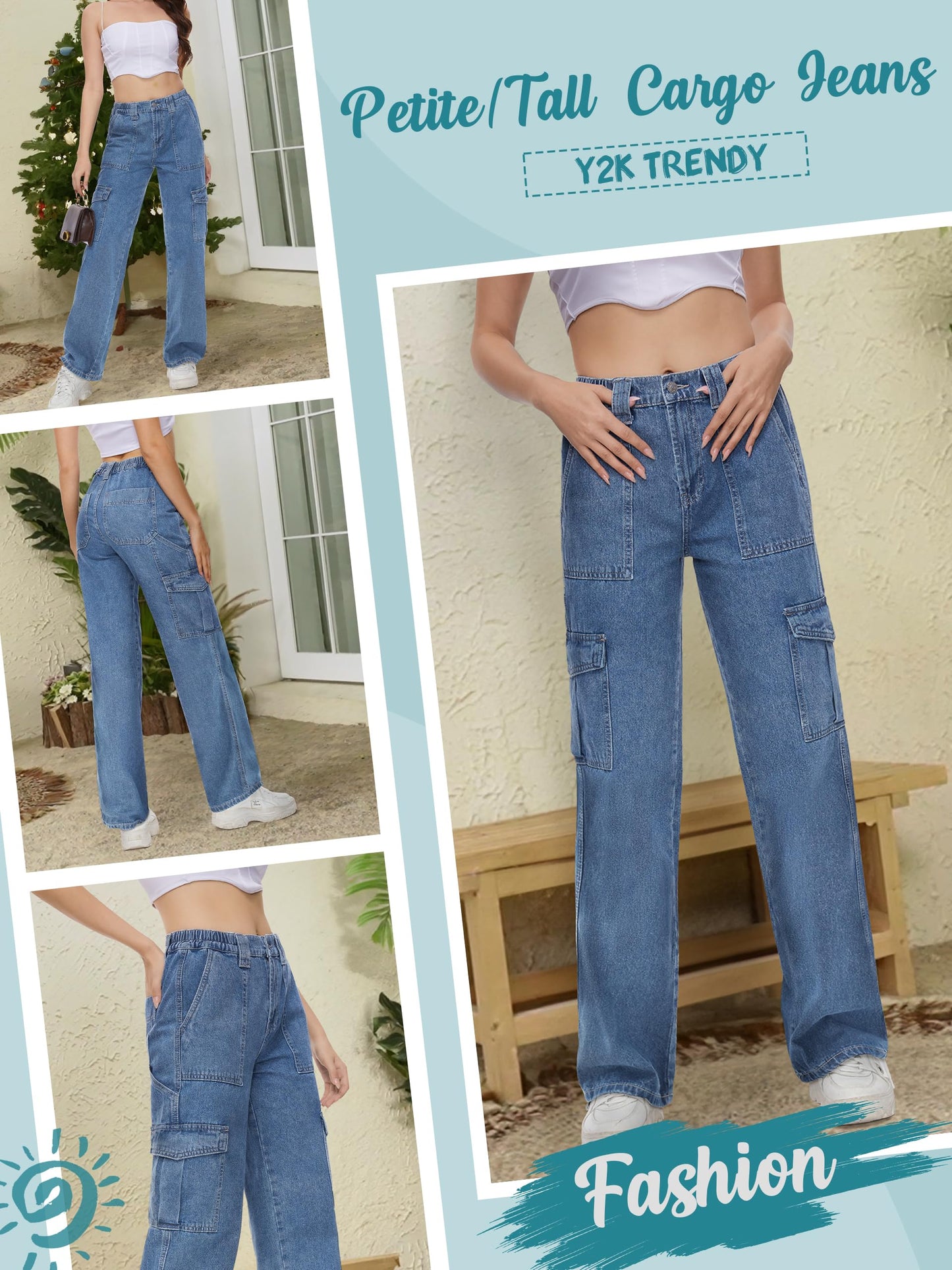 Tapata Women's 26"/28"/30"/32"/34" Cargo Jeans Straight Leg Short Petite Regular Tall Denim Relaxed Y2K Pants Blue, L