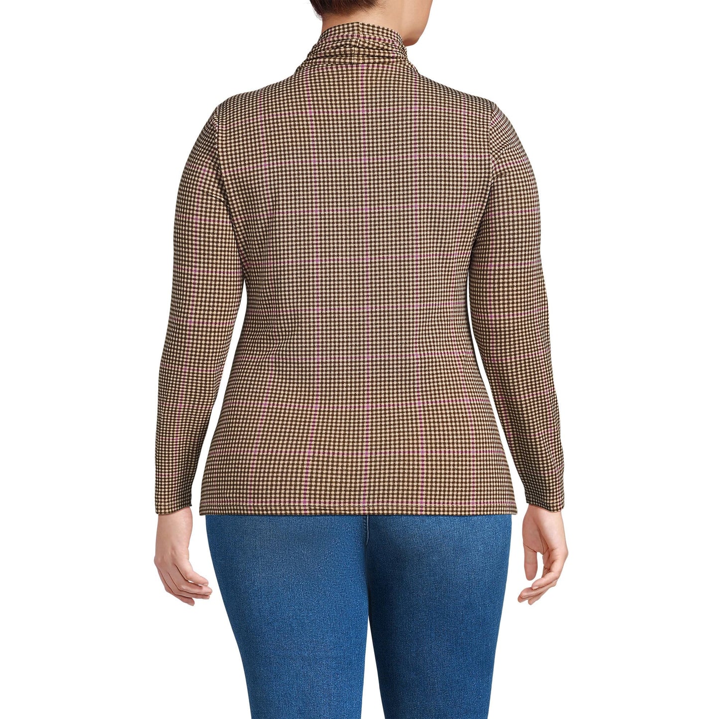 Lands' End Womens Long Sleeve Shaped LWCM Turtleneck Champagne/Brown Plaid Tall Medium
