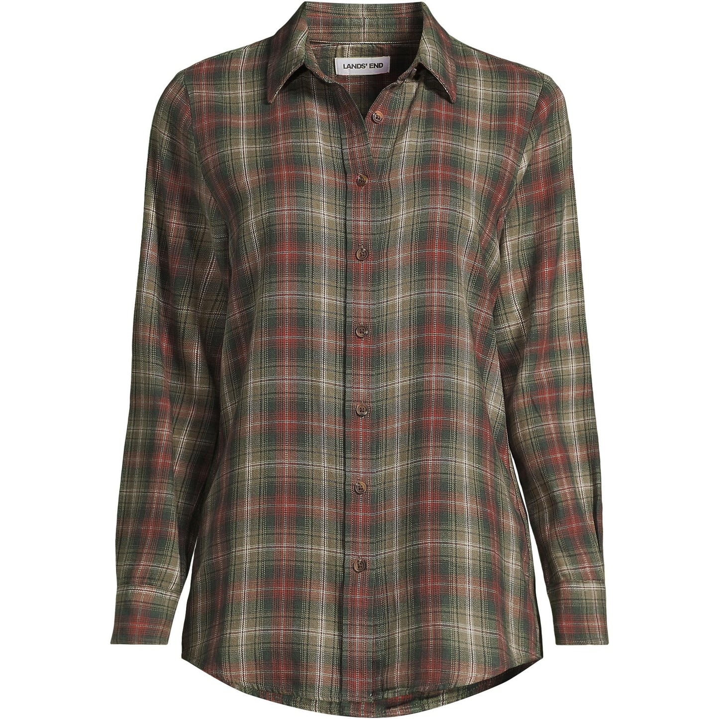 Lands' End Womens Flannel Boyfriend Long Sleeve Shirt Sunwashed Olive Multi Plaid Tall Large