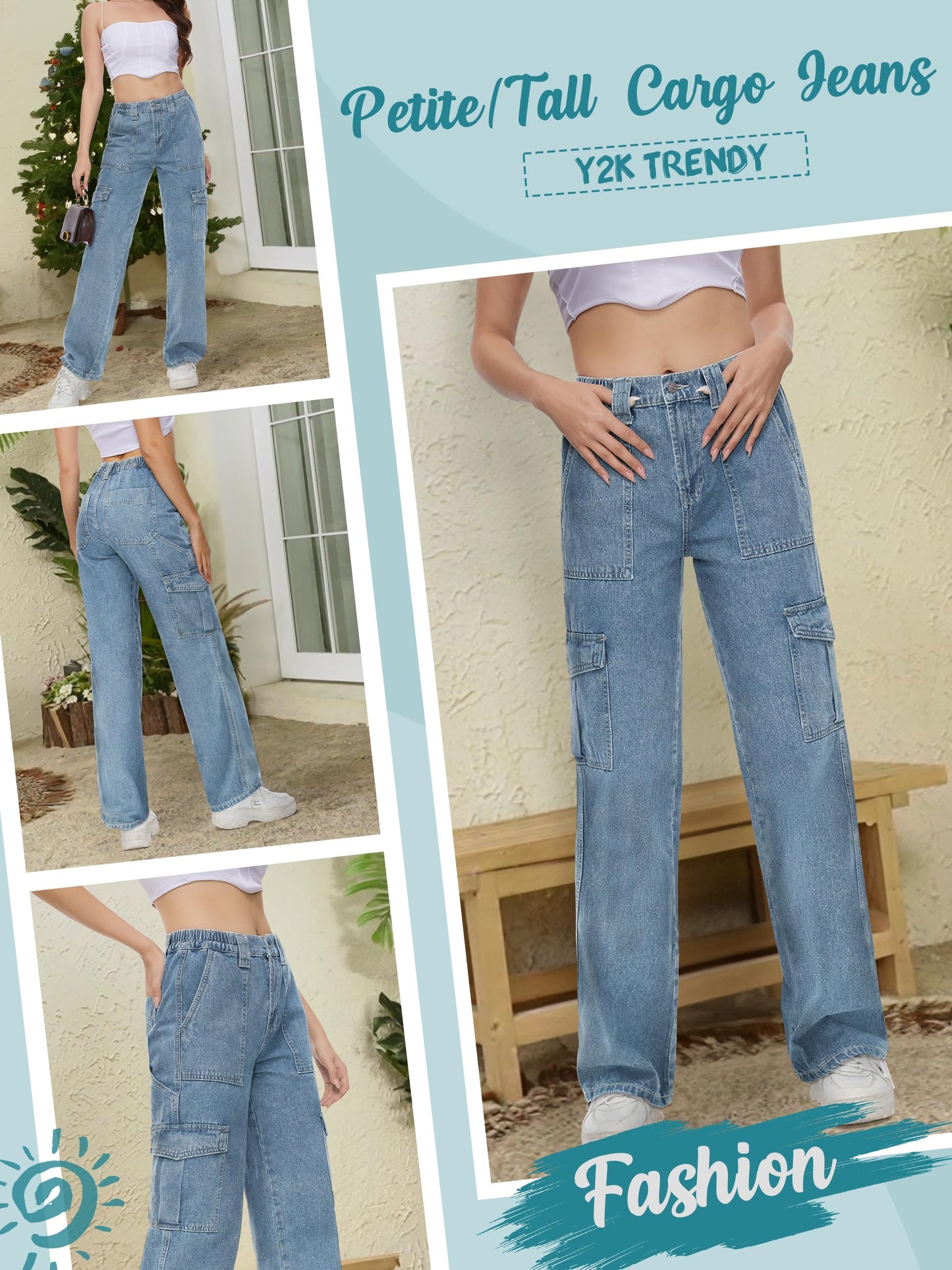 Tapata Women's 26"/28"/30"/32"/34" Cargo Jeans Straight Leg Short Petite Regular Tall Denim Y2K Pants Light Blue, S