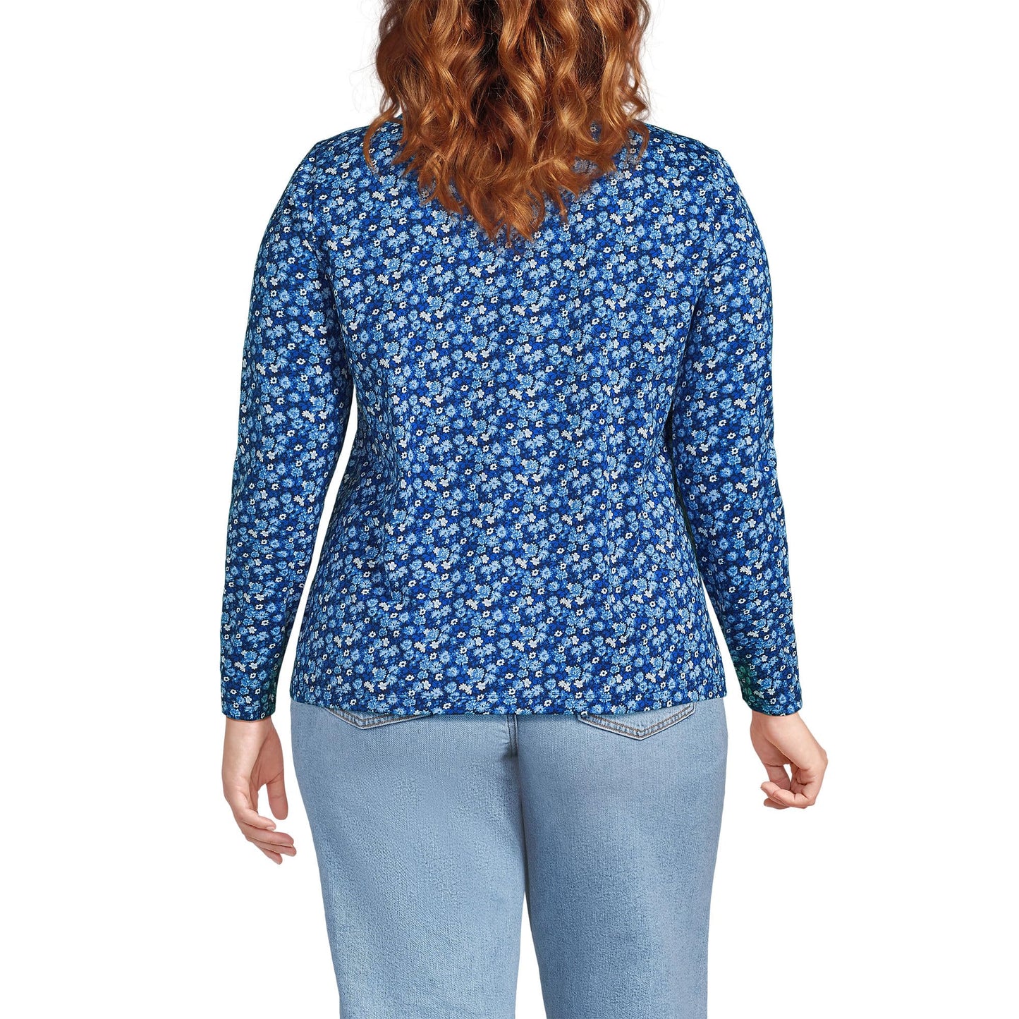 Lands' End Womens Long Sleeve Relaxed Supima Cotton Crew Neck T Shirt Deep Sea/Blue Ditsy Floral Tall Medium