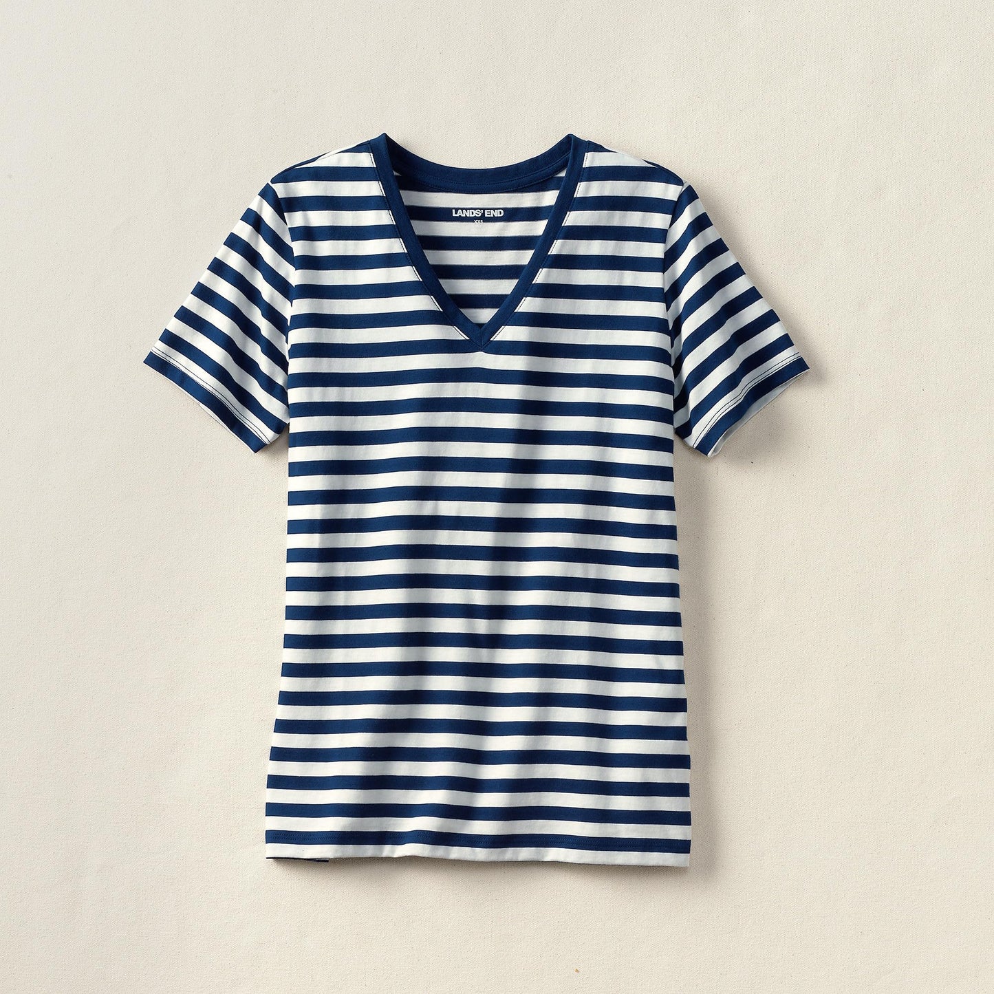 Lands' End Womens SS Relaxed Supima V Neck T Shirt Deep Sea Navy Even Stripe Tall X-Large