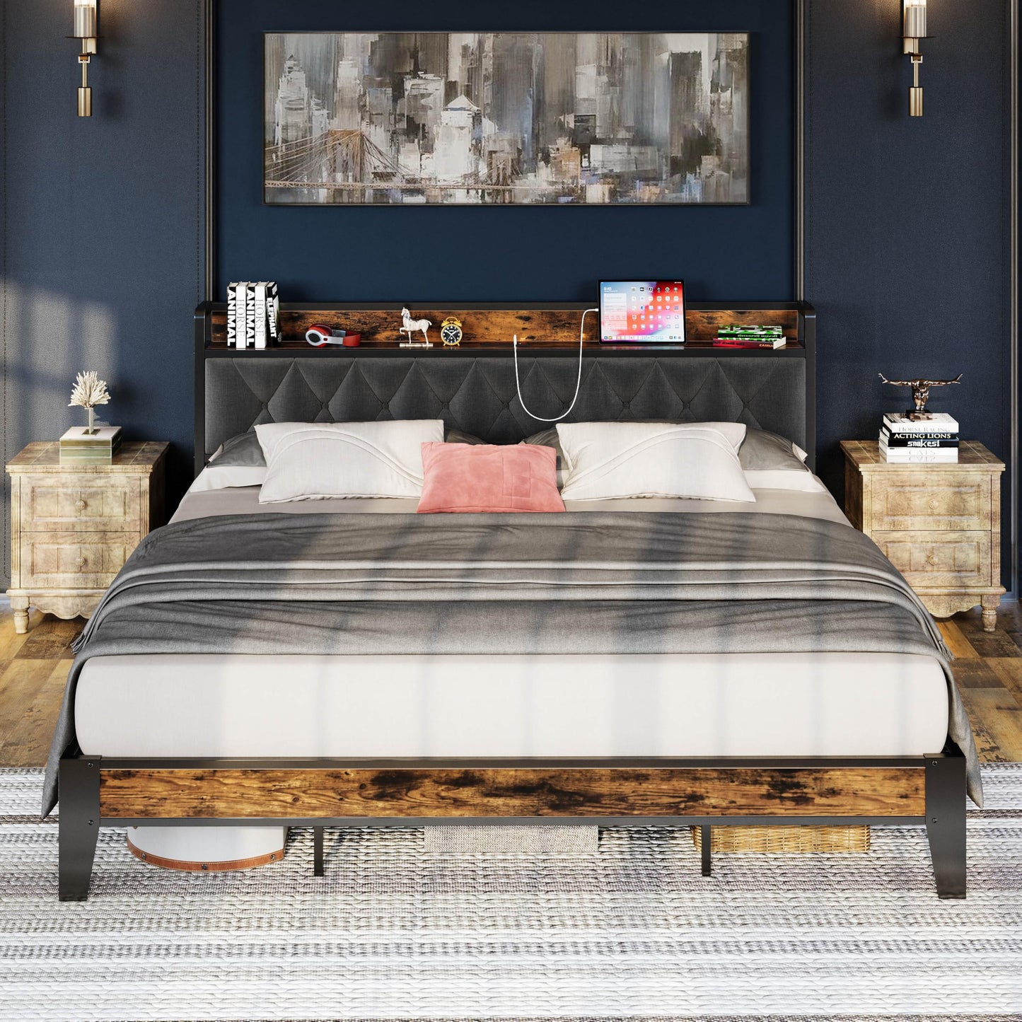 ANCTOR California King Bed Frames, Storage Headboard with Outlets, Easy to Install, Sturdy and Stable, No Noise, No Box Springs Needed - Perfect for a Good Night's Sleep